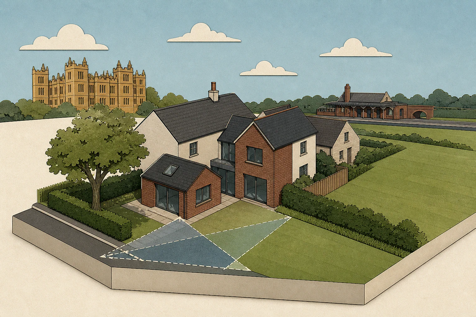 Cut-paper planning illustration for Bolsover, showing extensions, neighbours, access and open land near simplified local landmarks.