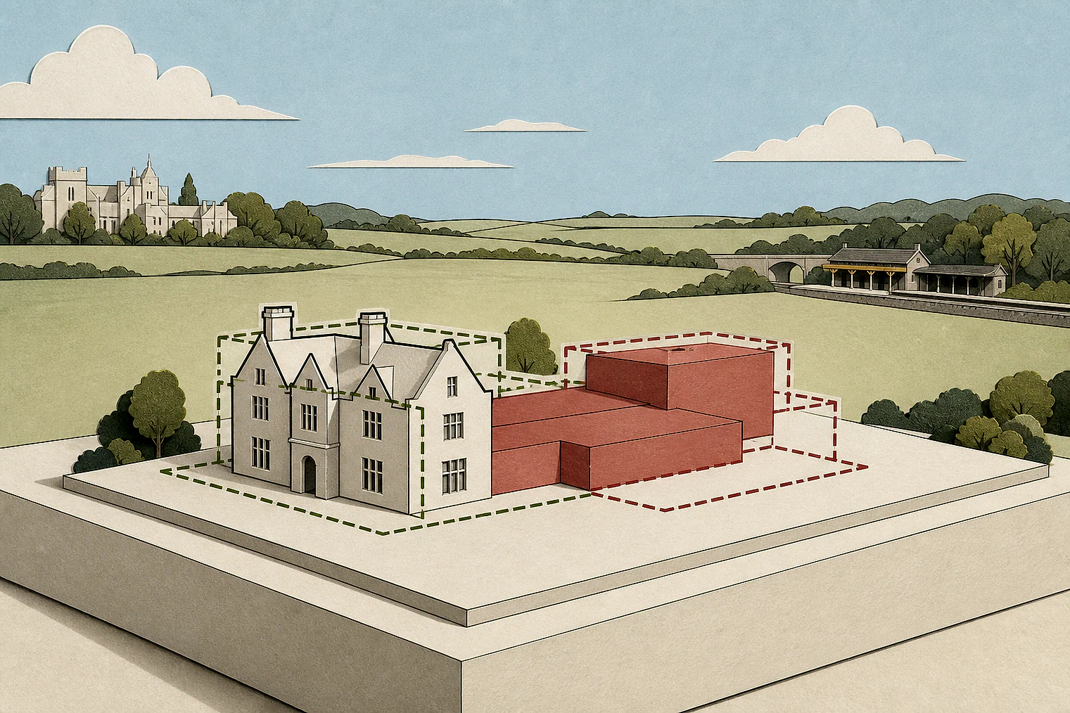 Cut-paper illustration of an imaginary building scale and Green Belt openness planning issue in Bolton Metropolitan, with simplified local landmarks.
