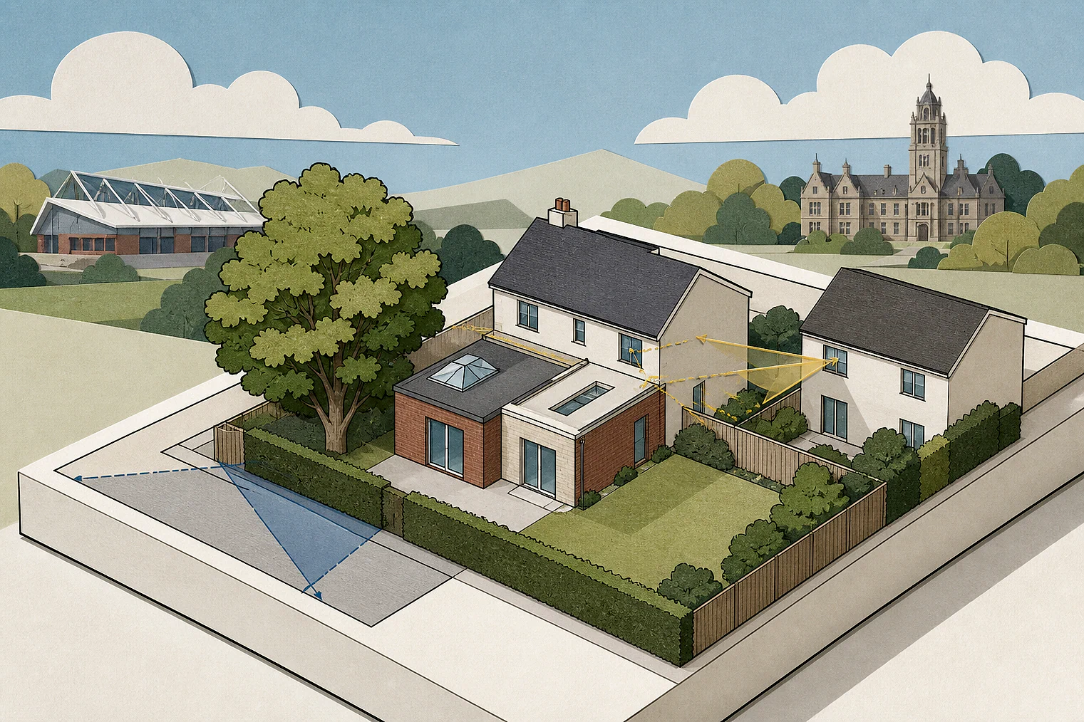 Cut-paper planning illustration for Bolton Metropolitan, showing extensions, neighbours, access and open land near simplified local landmarks.