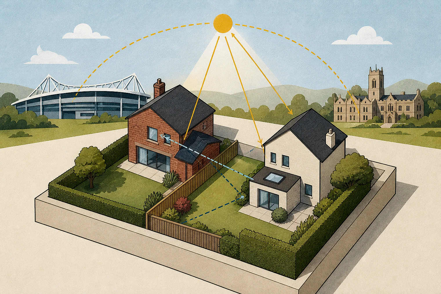 Cut-paper illustration of an imaginary privacy, daylight and neighbour living conditions planning issue in Bolton Metropolitan, with simplified local landmarks.