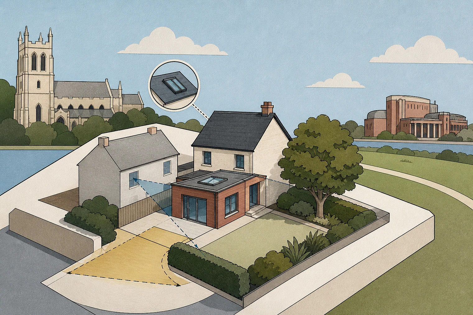 Cut-paper planning illustration for Boston, showing extensions, neighbours, access and open land near simplified local landmarks.