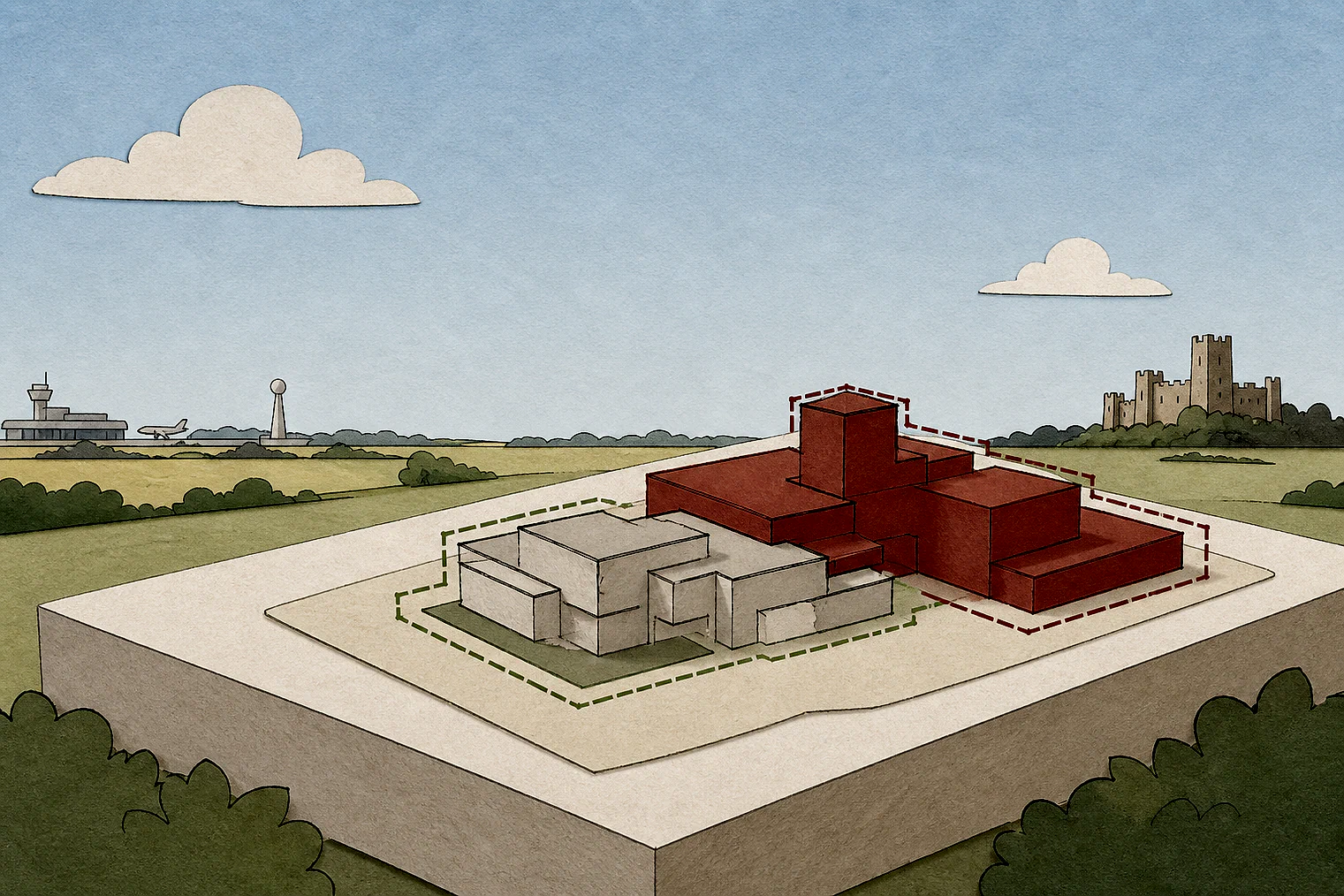 Cut-paper illustration of an imaginary building scale and Green Belt openness planning issue in Bournemouth, Christchurch and Poole, with simplified local landmarks.