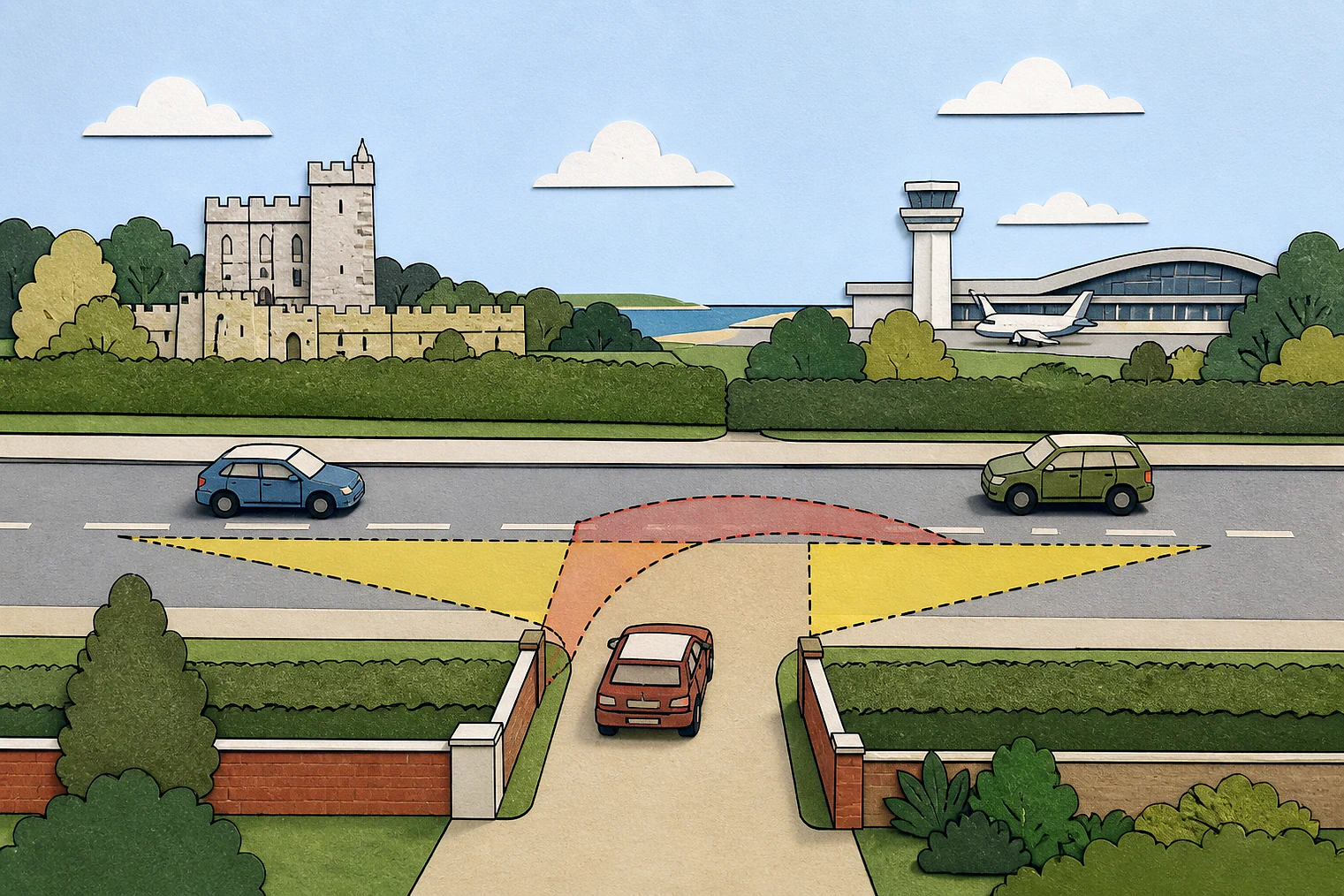 Cut-paper illustration of an imaginary access, visibility and highway safety planning issue in Bournemouth, Christchurch and Poole, with simplified local landmarks.
