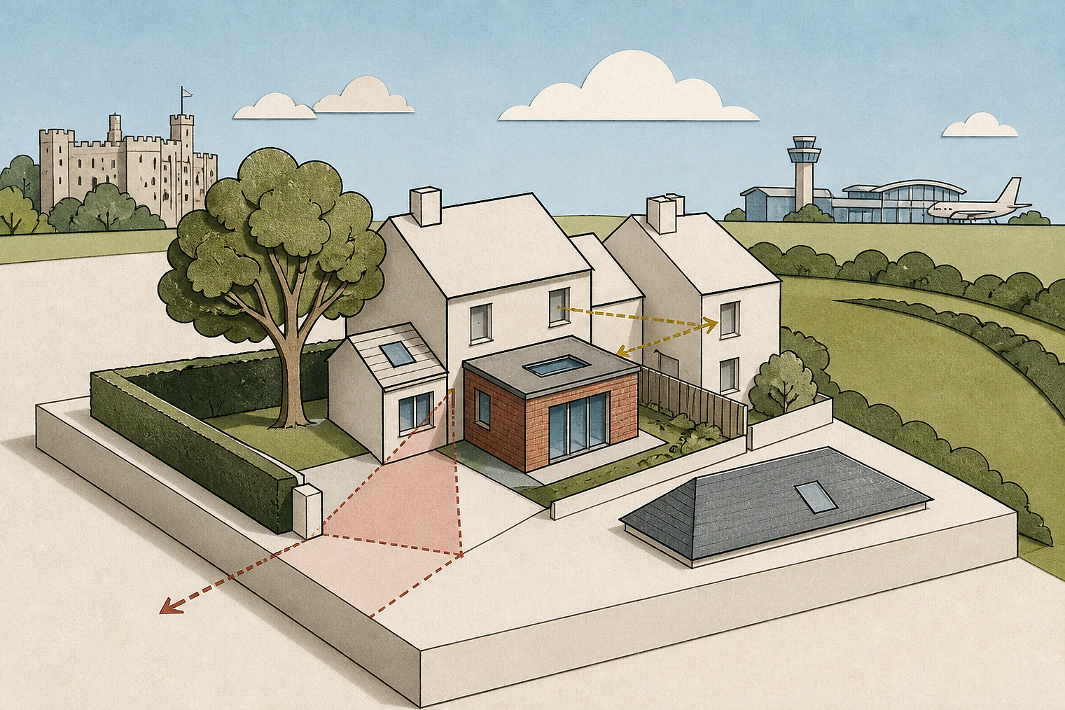 Cut-paper planning illustration for Bournemouth, Christchurch and Poole, showing extensions, neighbours, access and open land near simplified local landmarks.