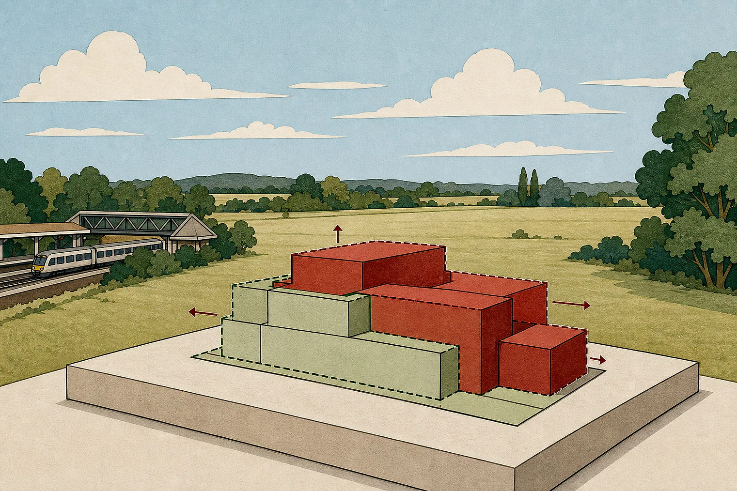 Cut-paper illustration of an imaginary building scale and Green Belt openness planning issue in Bracknell Forest, with simplified local landmarks.