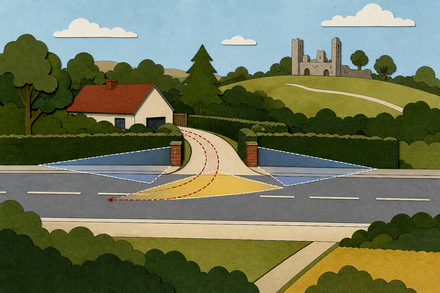 Cut-paper illustration of an imaginary access, visibility and highway safety planning issue in Bracknell Forest, with simplified local landmarks.