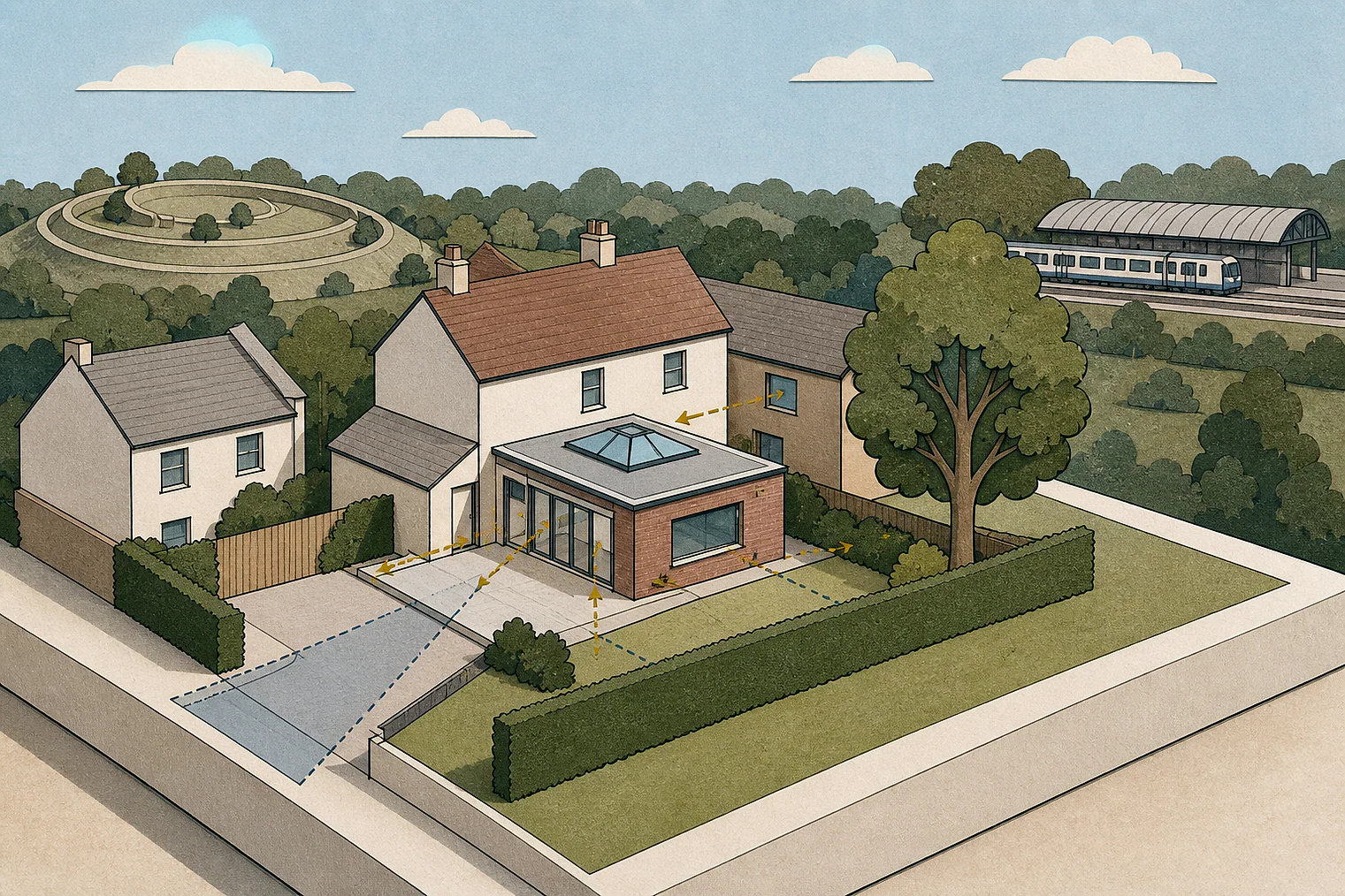 Cut-paper planning illustration for Bracknell Forest, showing extensions, neighbours, access and open land near simplified local landmarks.