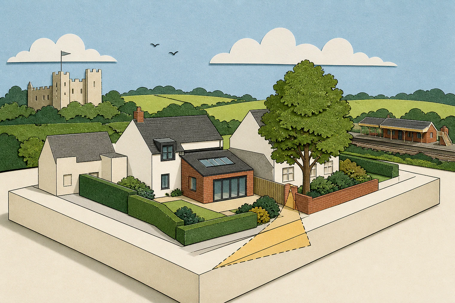 Cut-paper planning illustration for Braintree, showing extensions, neighbours, access and open land near simplified local landmarks.