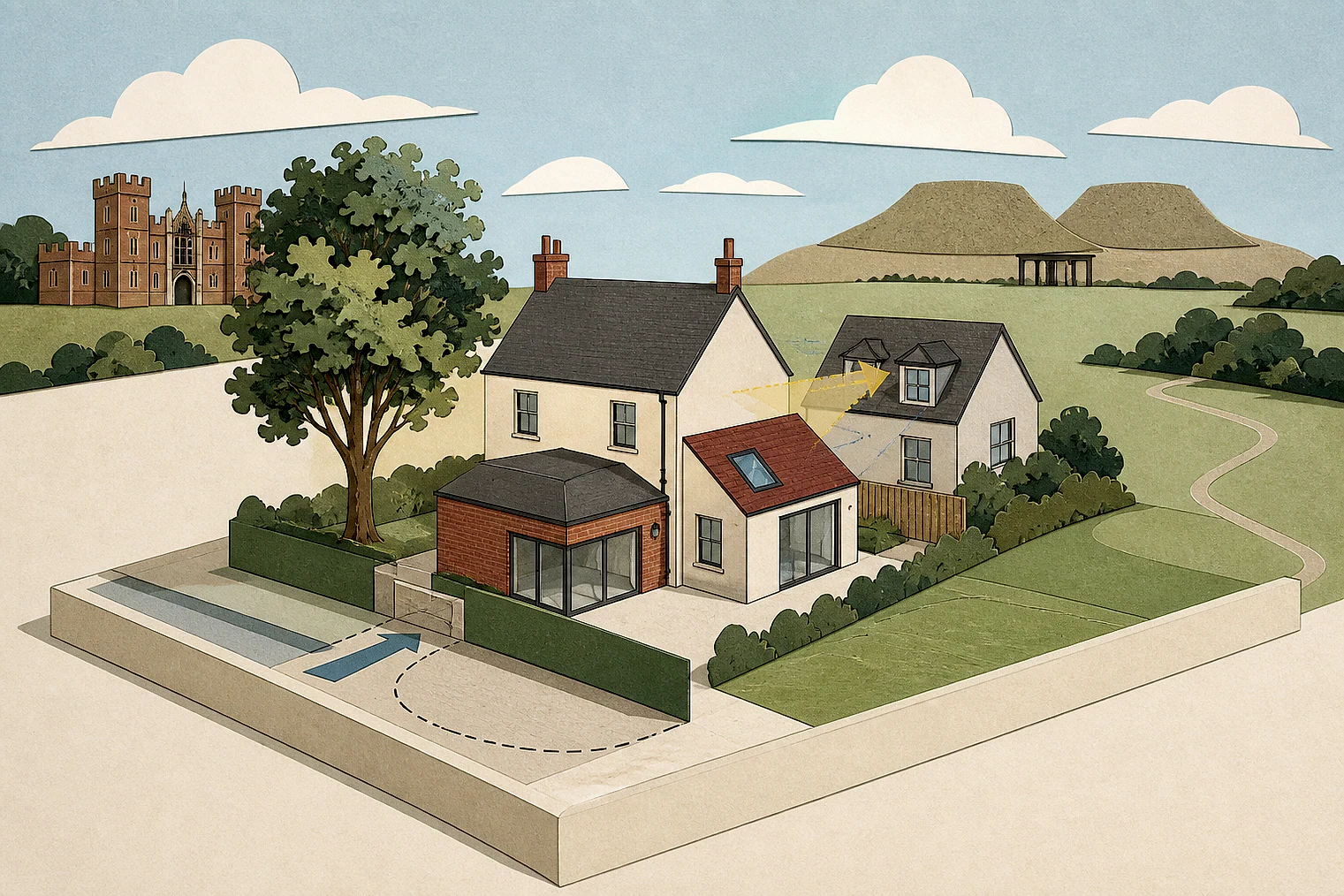Cut-paper planning illustration for Breckland, showing extensions, neighbours, access and open land near simplified local landmarks.