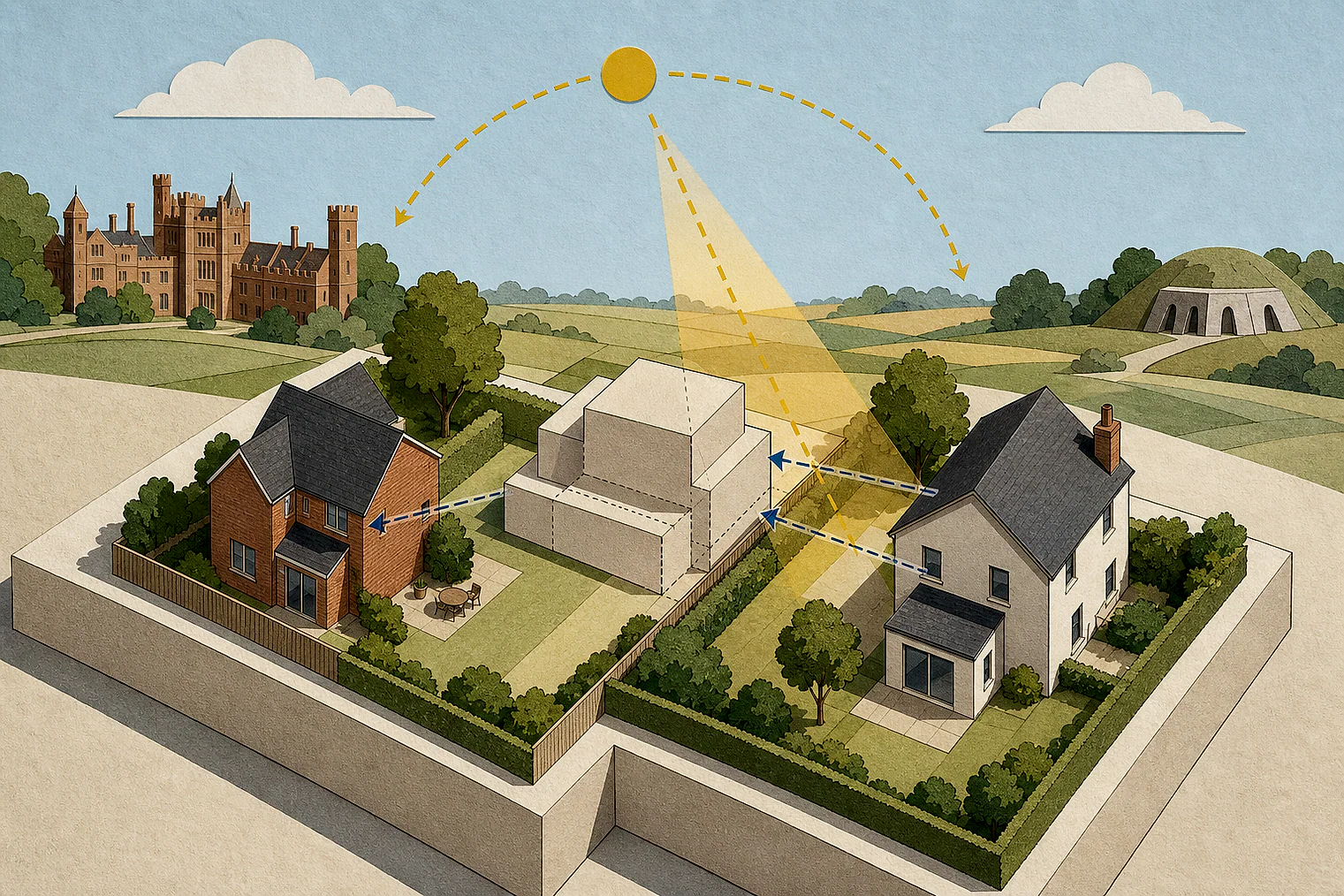 Cut-paper illustration of an imaginary privacy, daylight and neighbour living conditions planning issue in Breckland, with simplified local landmarks.