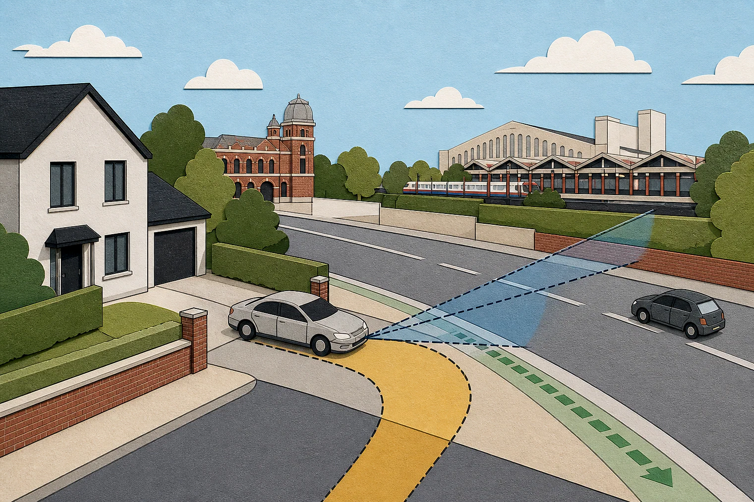 Cut-paper illustration of an imaginary access, visibility and highway safety planning issue in Brent, with simplified local landmarks.