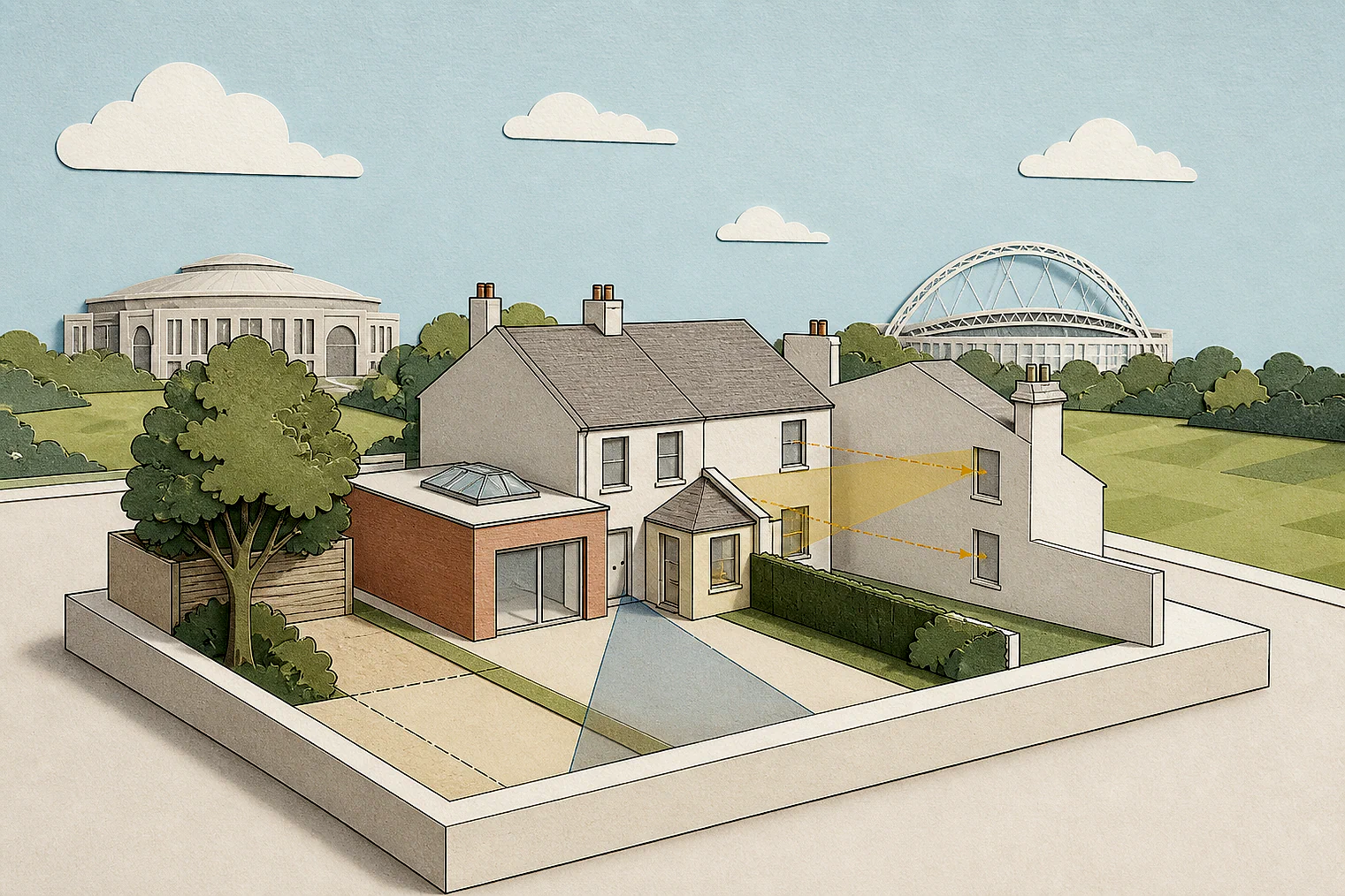Cut-paper planning illustration for Brent, showing extensions, neighbours, access and open land near simplified local landmarks.
