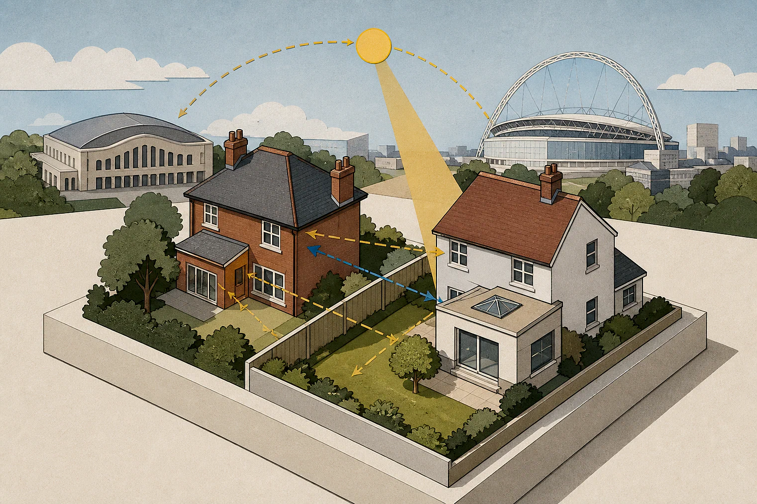 Cut-paper illustration of an imaginary privacy, daylight and neighbour living conditions planning issue in Brent, with simplified local landmarks.