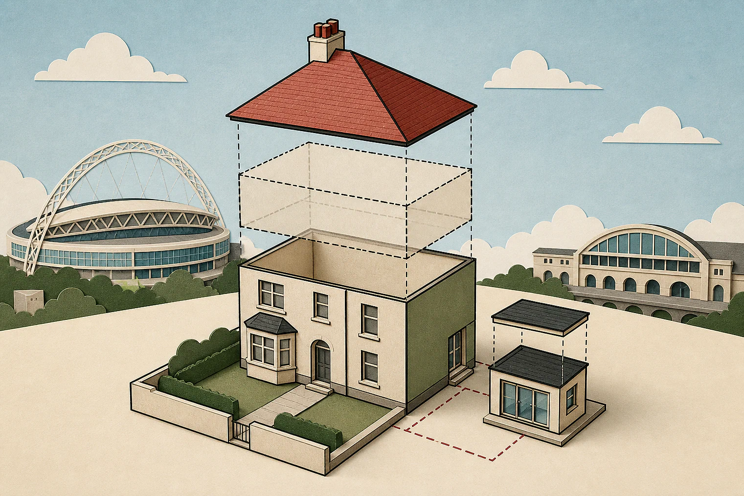 Cut-paper illustration of an imaginary permitted development dimensions and building relationships planning issue in Brent, with simplified local landmarks.