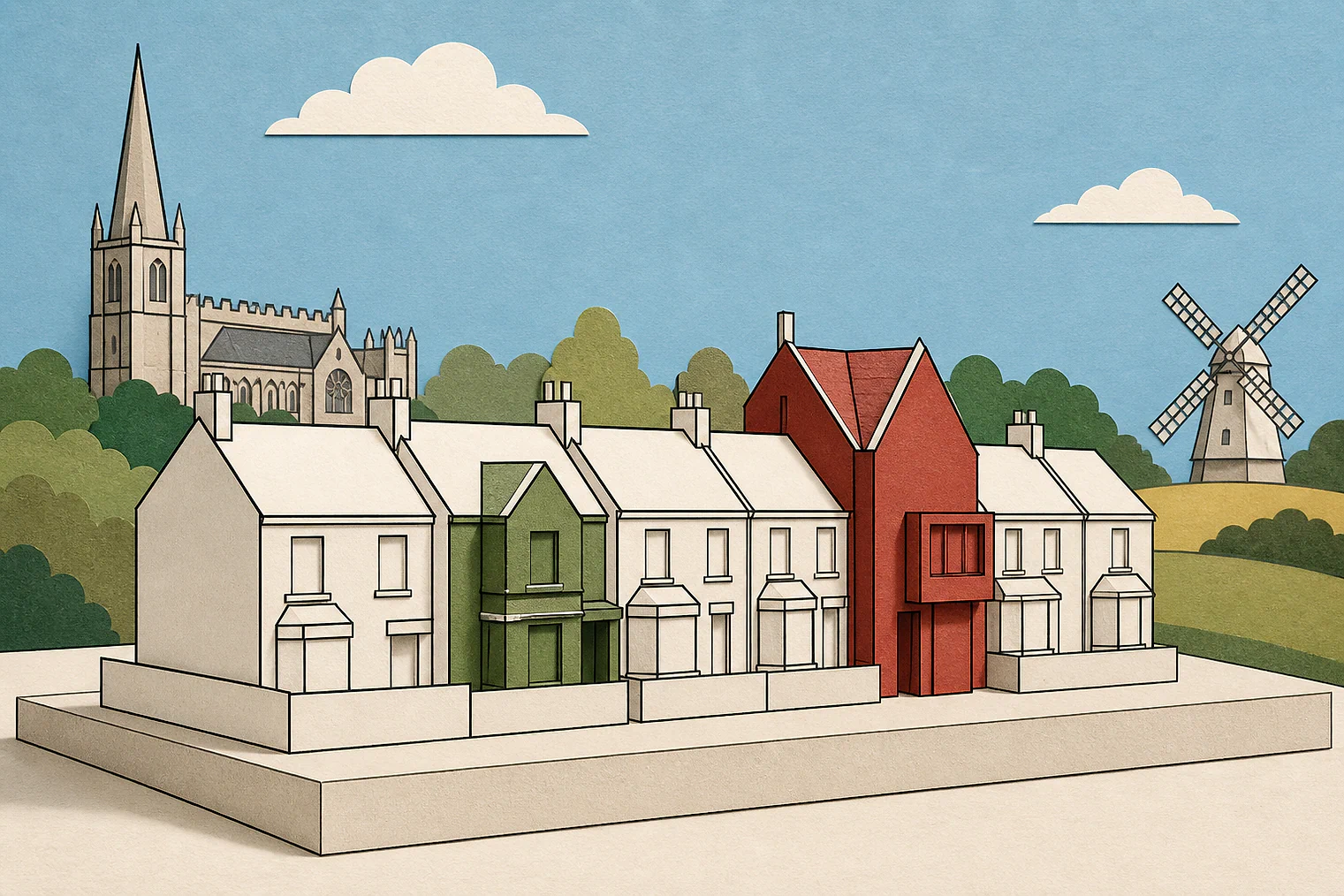 Cut-paper illustration of an imaginary character, scale and appearance planning issue in Brentwood, with simplified local landmarks.
