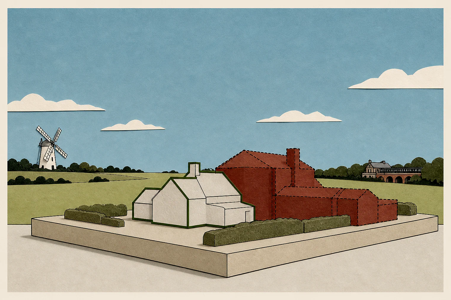 Cut-paper illustration of an imaginary building scale and Green Belt openness planning issue in Brentwood, with simplified local landmarks.