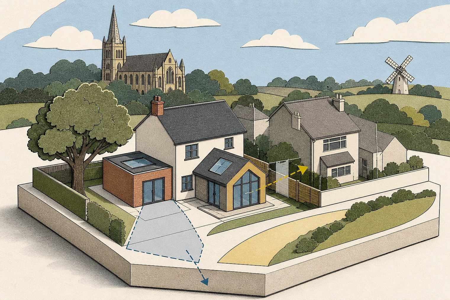 Cut-paper planning illustration for Brentwood, showing extensions, neighbours, access and open land near simplified local landmarks.