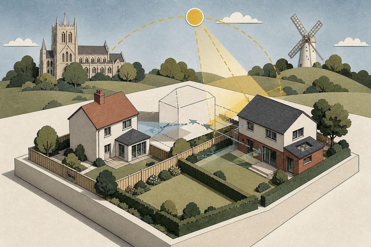 Cut-paper illustration of an imaginary privacy, daylight and neighbour living conditions planning issue in Brentwood, with simplified local landmarks.