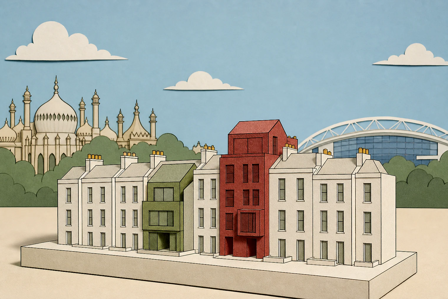 Cut-paper illustration of an imaginary character, scale and appearance planning issue in Brighton and Hove, with simplified local landmarks.