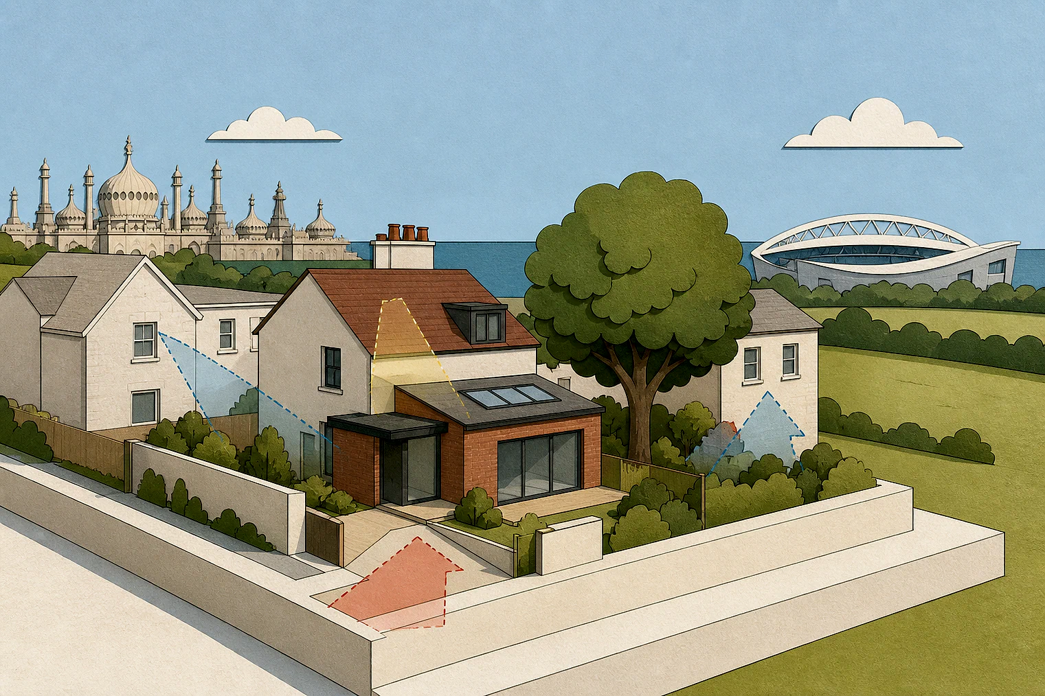 Cut-paper planning illustration for Brighton and Hove, showing extensions, neighbours, access and open land near simplified local landmarks.