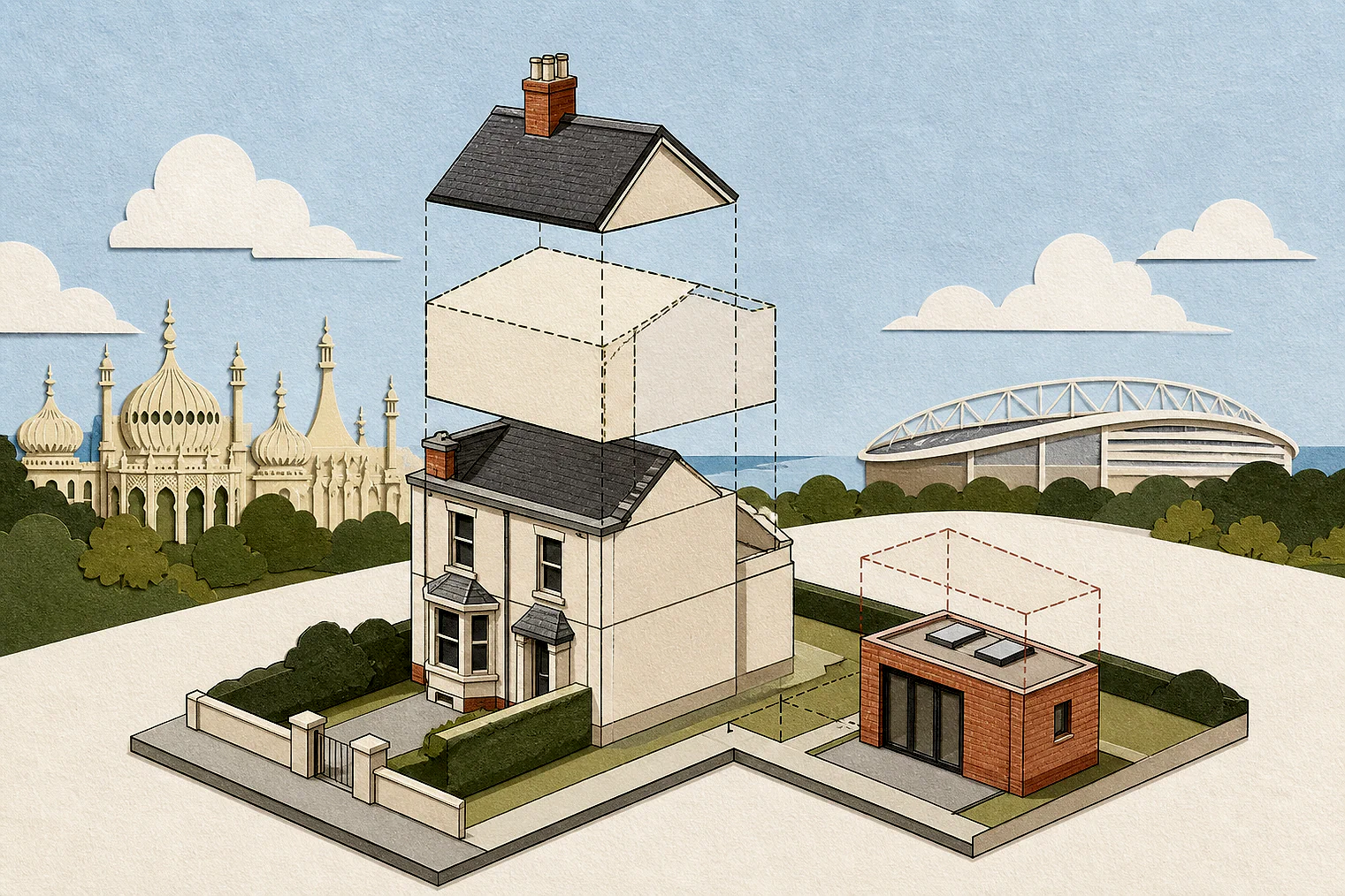 Cut-paper illustration of an imaginary permitted development dimensions and building relationships planning issue in Brighton and Hove, with simplified local landmarks.