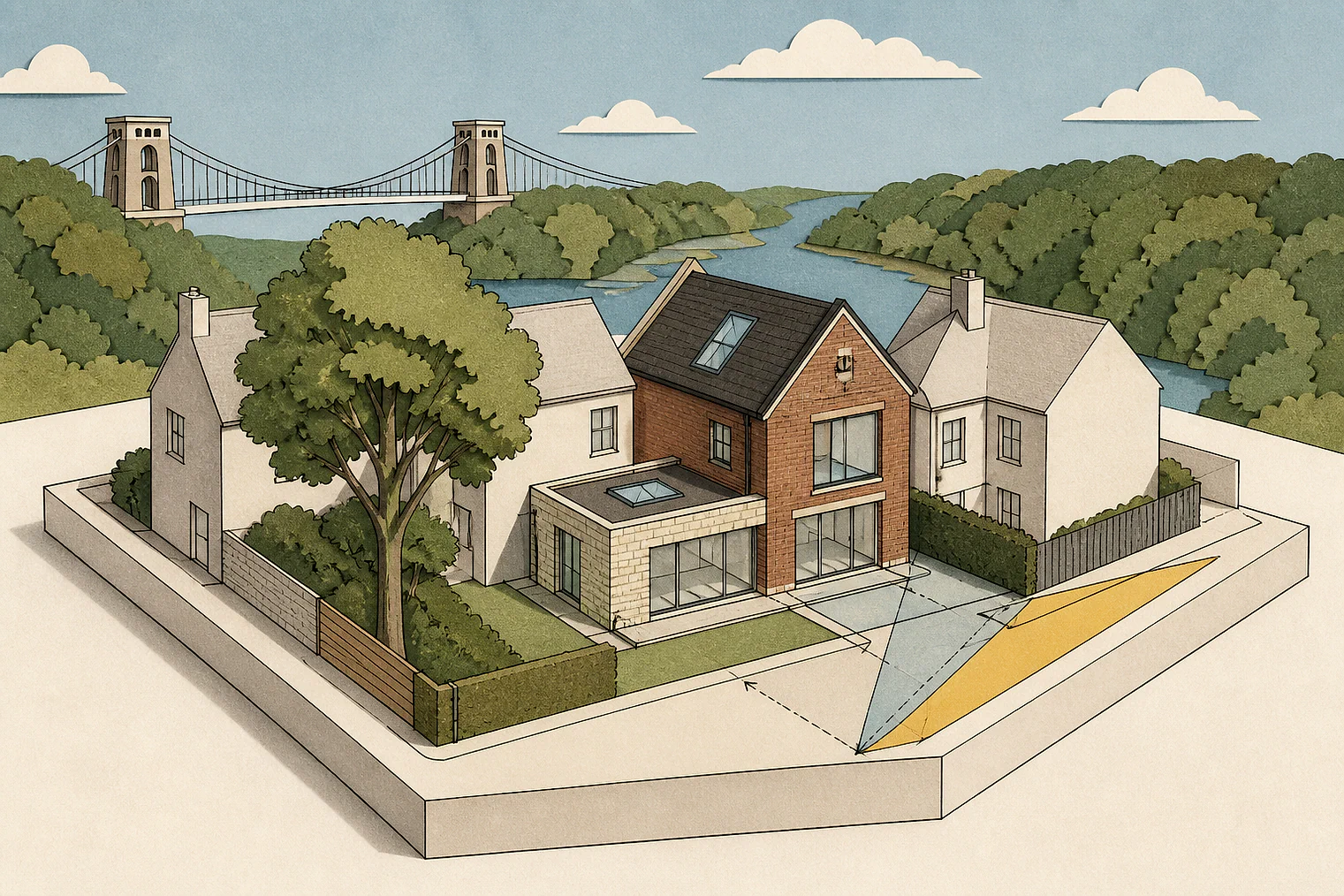 Cut-paper planning illustration for Bristol, showing extensions, neighbours, access and open land near simplified local landmarks.