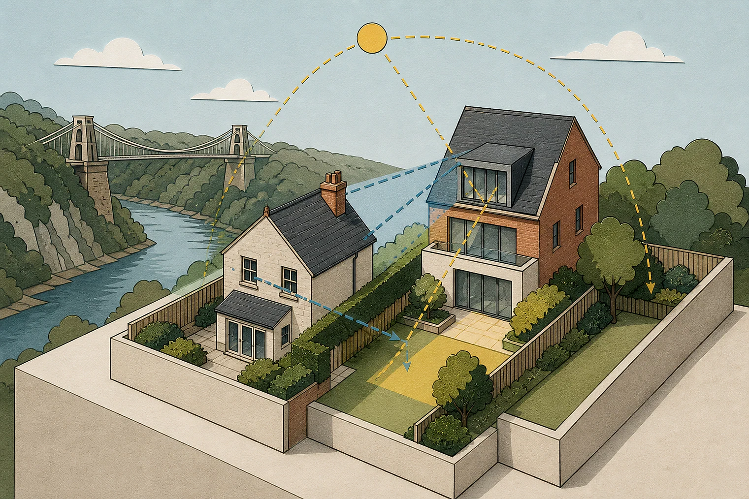 Cut-paper illustration of an imaginary privacy, daylight and neighbour living conditions planning issue in Bristol, with simplified local landmarks.