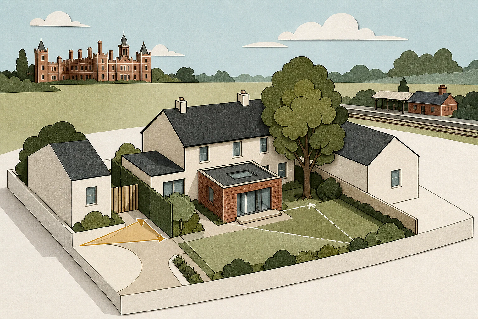 Cut-paper planning illustration for Broadland, showing extensions, neighbours, access and open land near simplified local landmarks.
