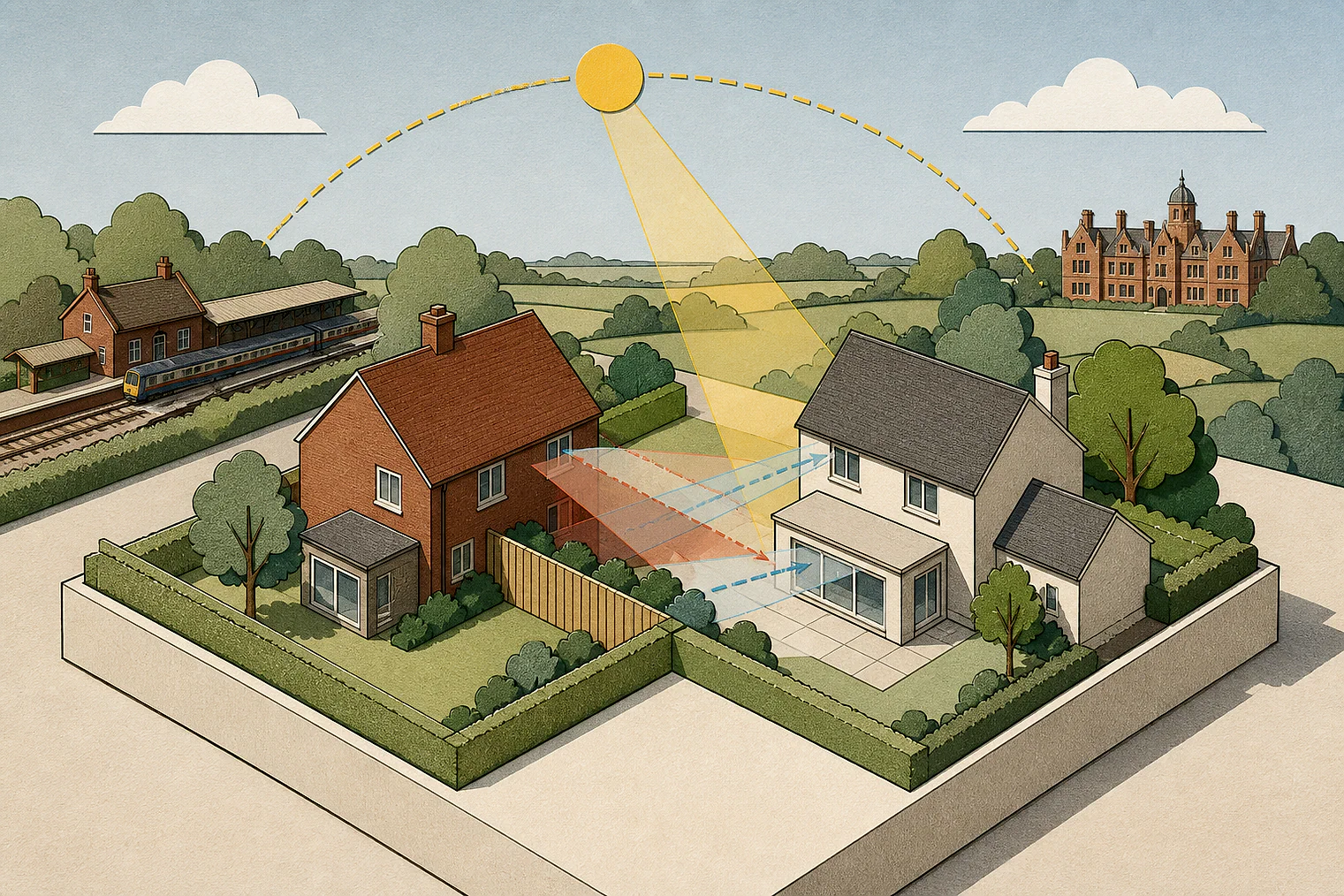 Cut-paper illustration of an imaginary privacy, daylight and neighbour living conditions planning issue in Broadland, with simplified local landmarks.