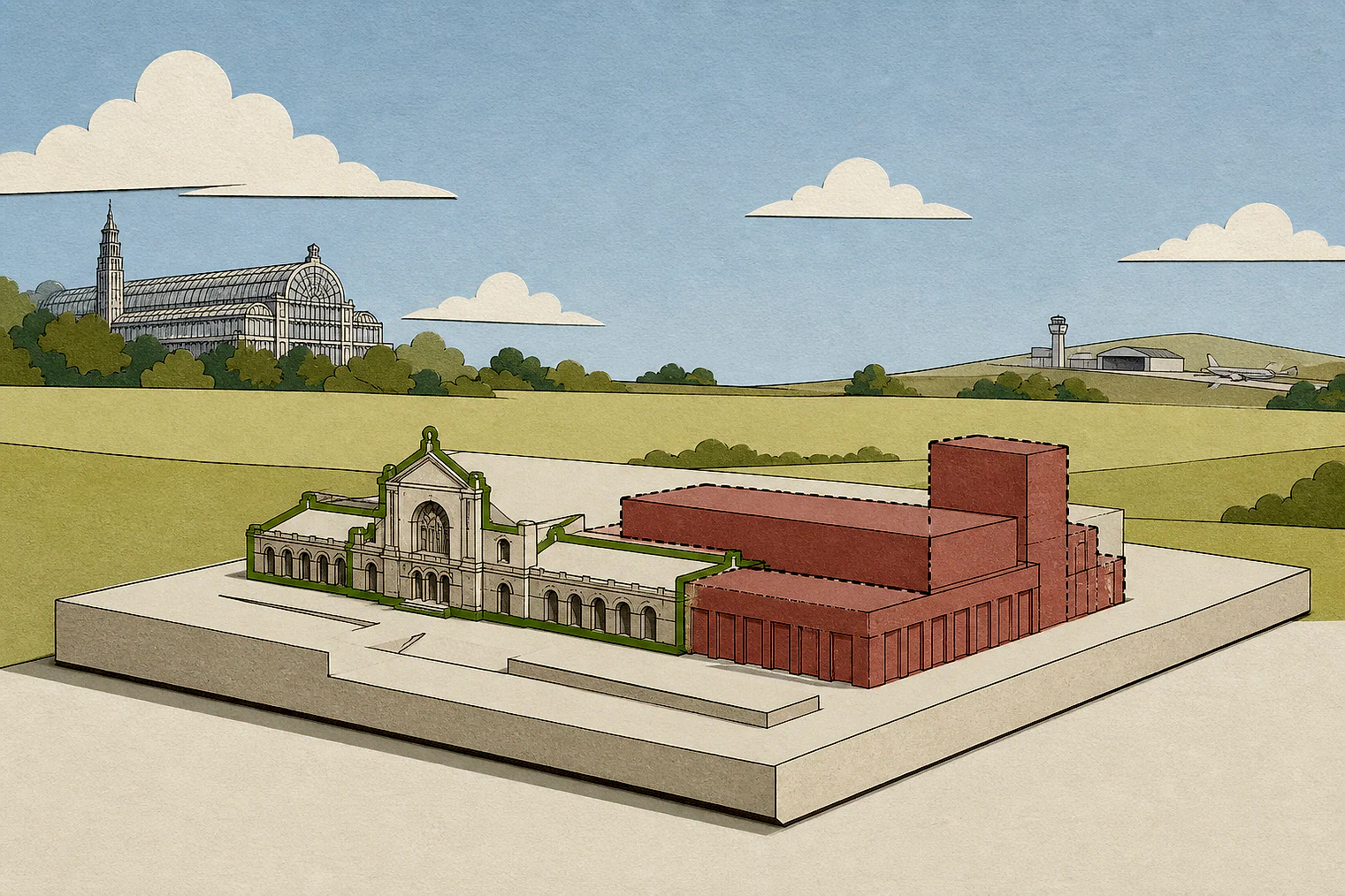 Cut-paper illustration of an imaginary building scale and Green Belt openness planning issue in Bromley, with simplified local landmarks.