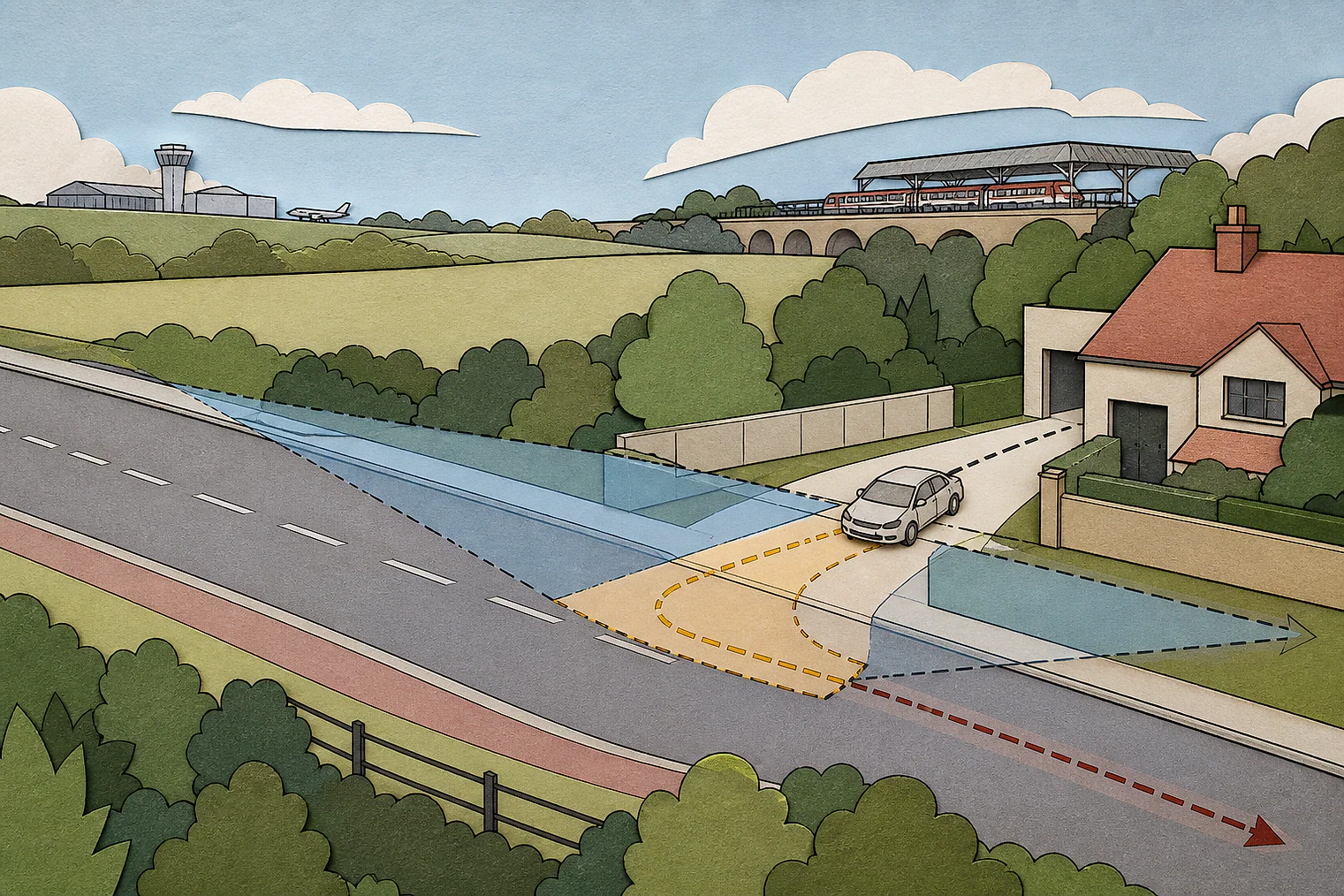 Cut-paper illustration of an imaginary access, visibility and highway safety planning issue in Bromley, with simplified local landmarks.