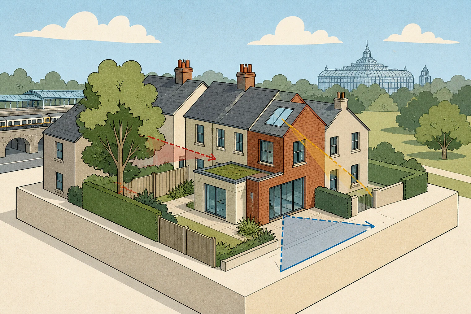 Cut-paper planning illustration for Bromley, showing extensions, neighbours, access and open land near simplified local landmarks.