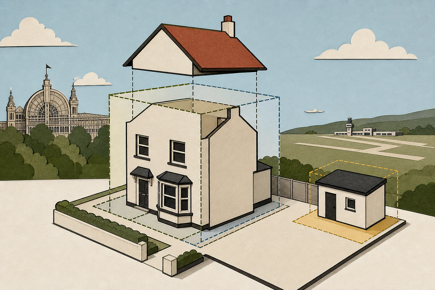 Cut-paper illustration of an imaginary permitted development dimensions and building relationships planning issue in Bromley, with simplified local landmarks.