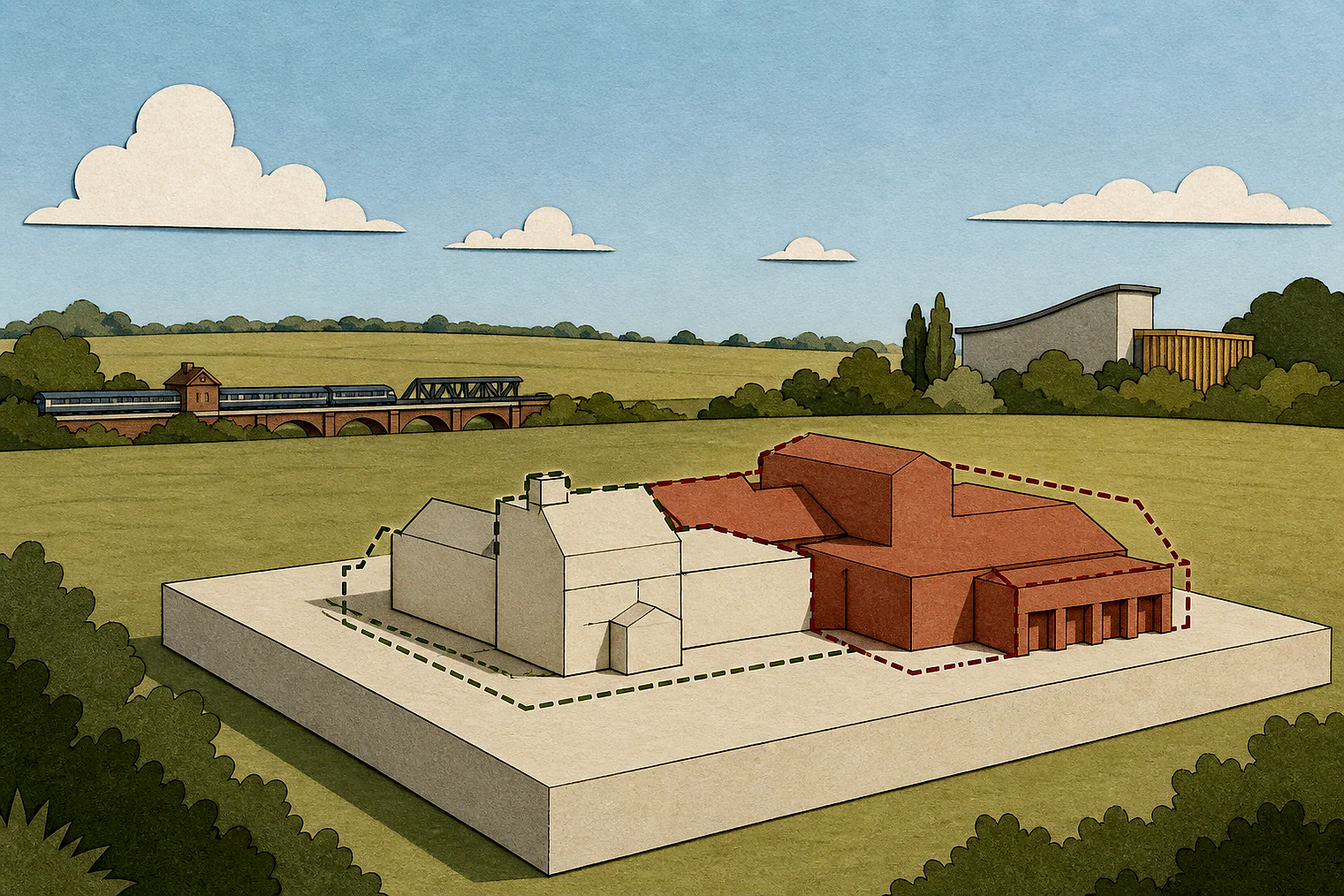 Cut-paper illustration of an imaginary building scale and Green Belt openness planning issue in Bromsgrove, with simplified local landmarks.