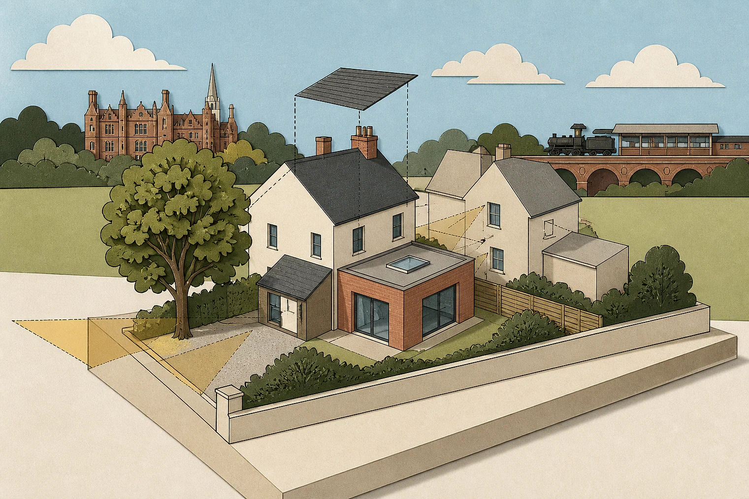 Cut-paper planning illustration for Bromsgrove, showing extensions, neighbours, access and open land near simplified local landmarks.
