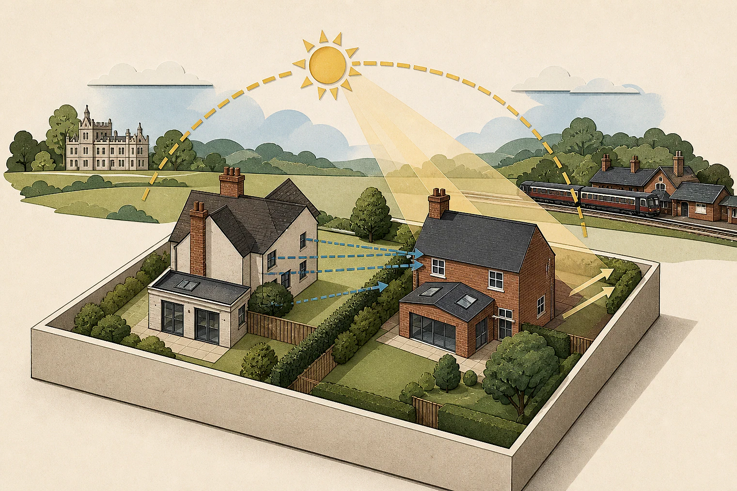 Cut-paper illustration of an imaginary privacy, daylight and neighbour living conditions planning issue in Bromsgrove, with simplified local landmarks.
