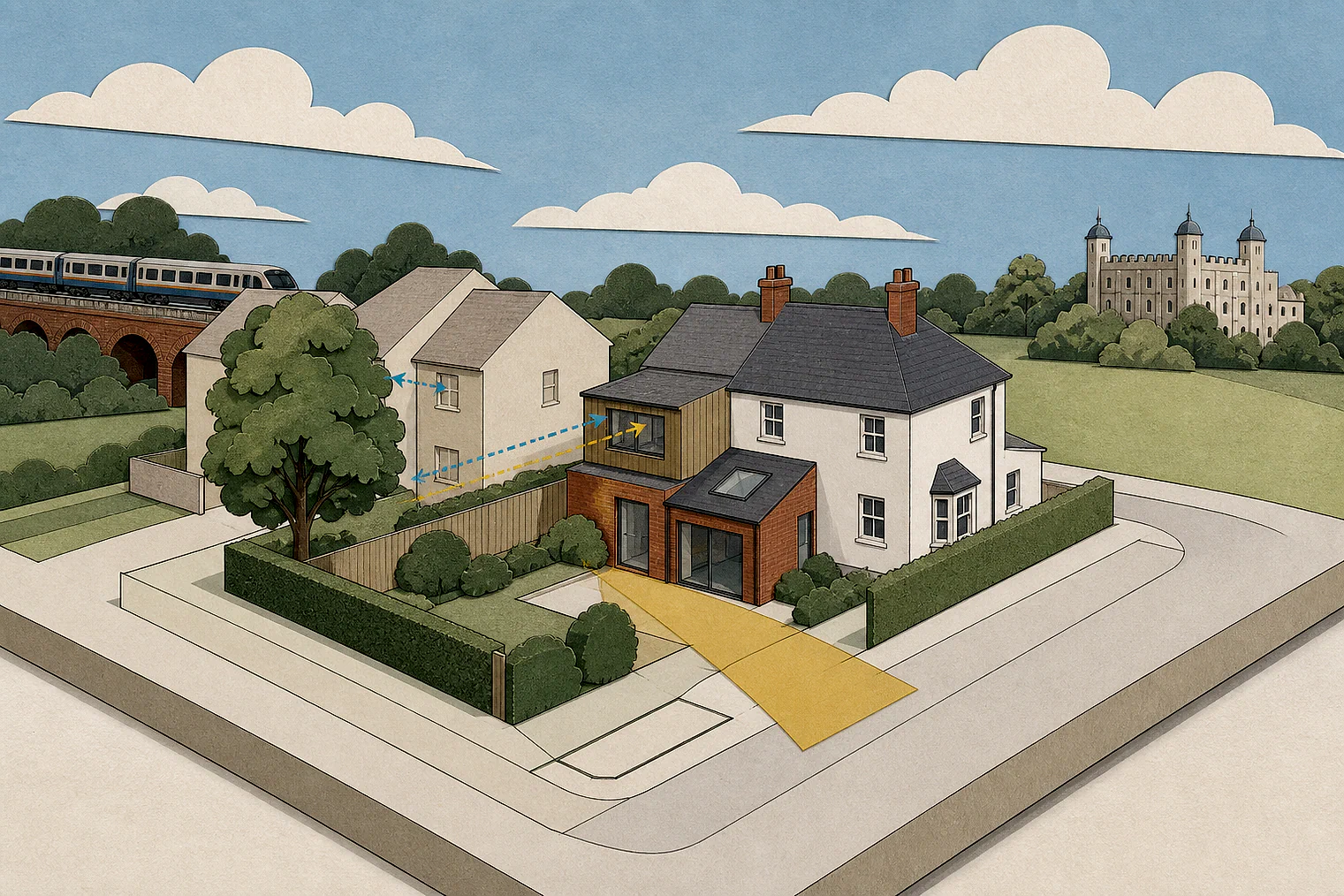 Cut-paper planning illustration for Broxbourne, showing extensions, neighbours, access and open land near simplified local landmarks.