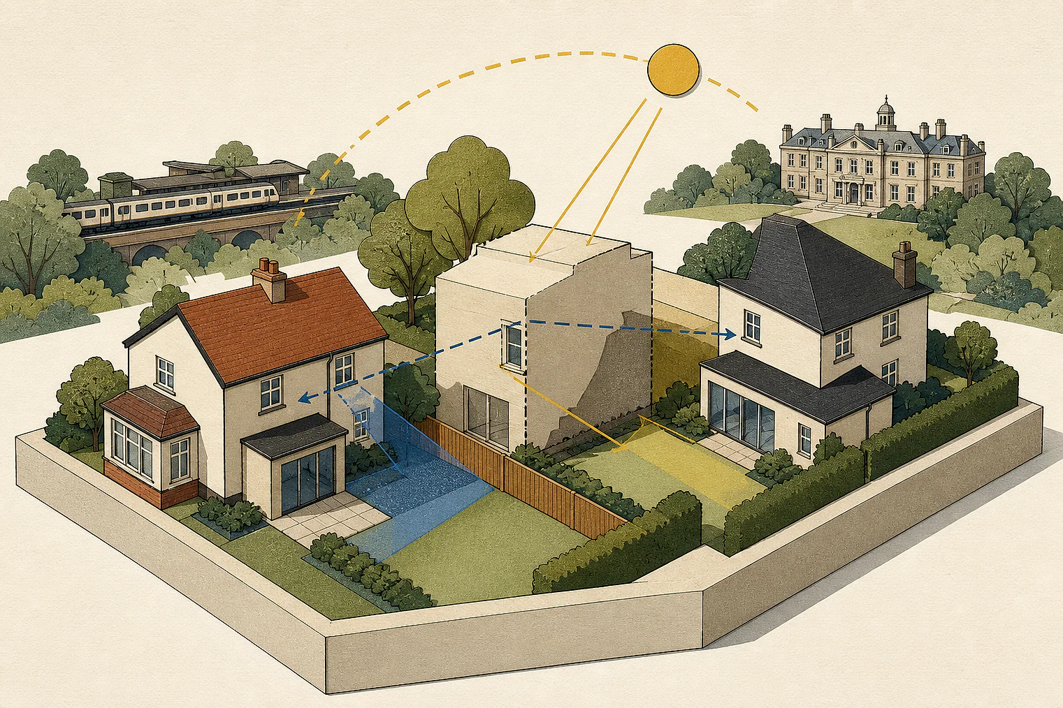 Cut-paper illustration of an imaginary privacy, daylight and neighbour living conditions planning issue in Broxbourne, with simplified local landmarks.