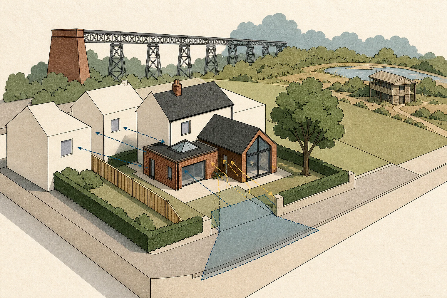 Cut-paper planning illustration for Broxtowe, showing extensions, neighbours, access and open land near simplified local landmarks.