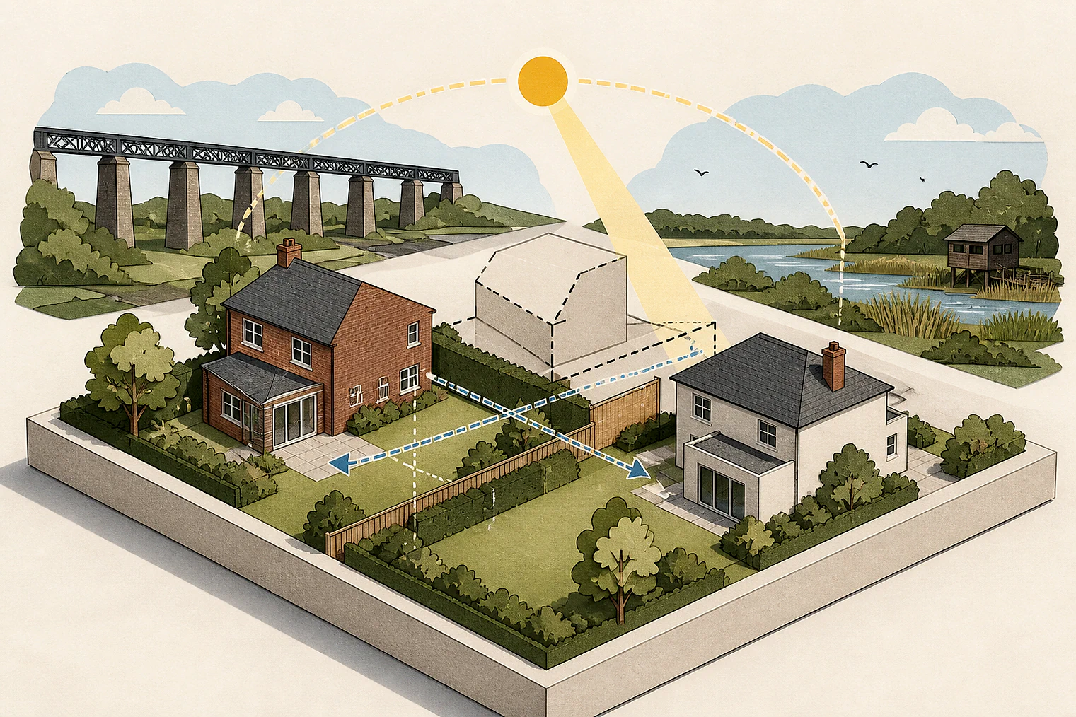 Cut-paper illustration of an imaginary privacy, daylight and neighbour living conditions planning issue in Broxtowe, with simplified local landmarks.