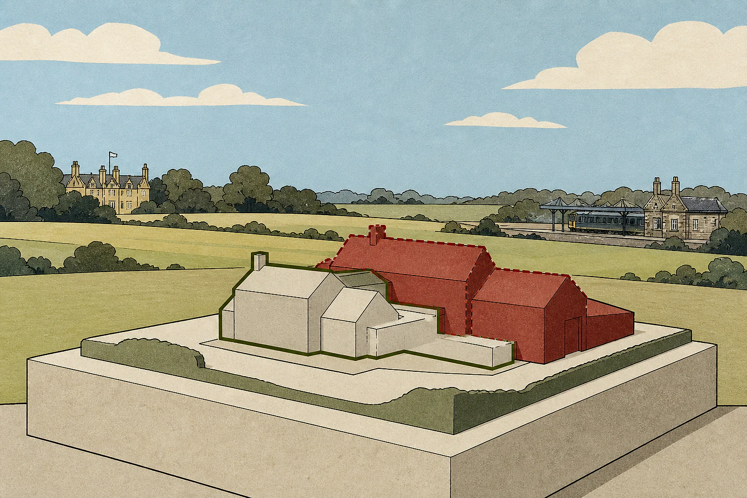 Cut-paper illustration of an imaginary building scale and Green Belt openness planning issue in Buckinghamshire, with simplified local landmarks.