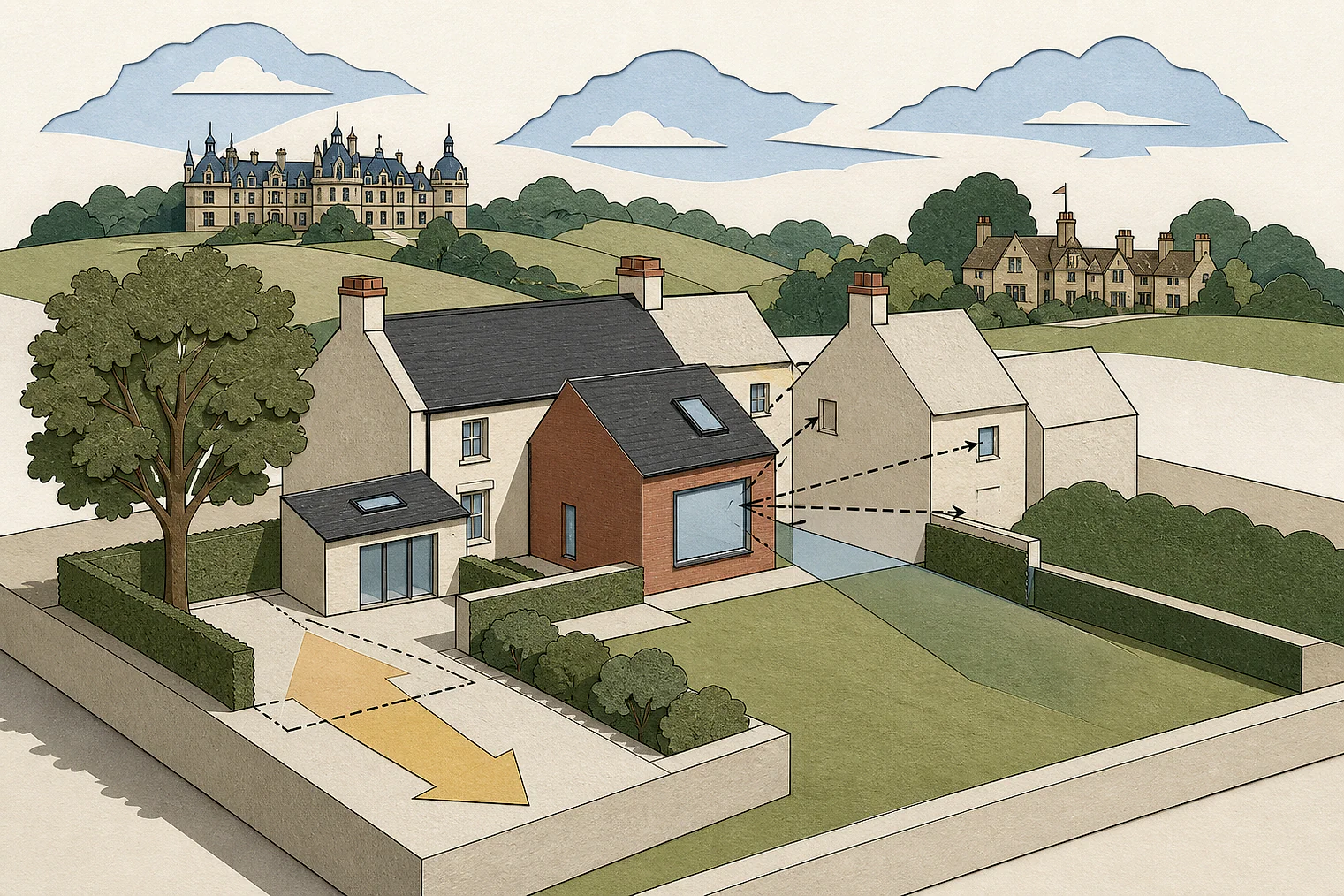 Cut-paper planning illustration for Buckinghamshire, showing extensions, neighbours, access and open land near simplified local landmarks.
