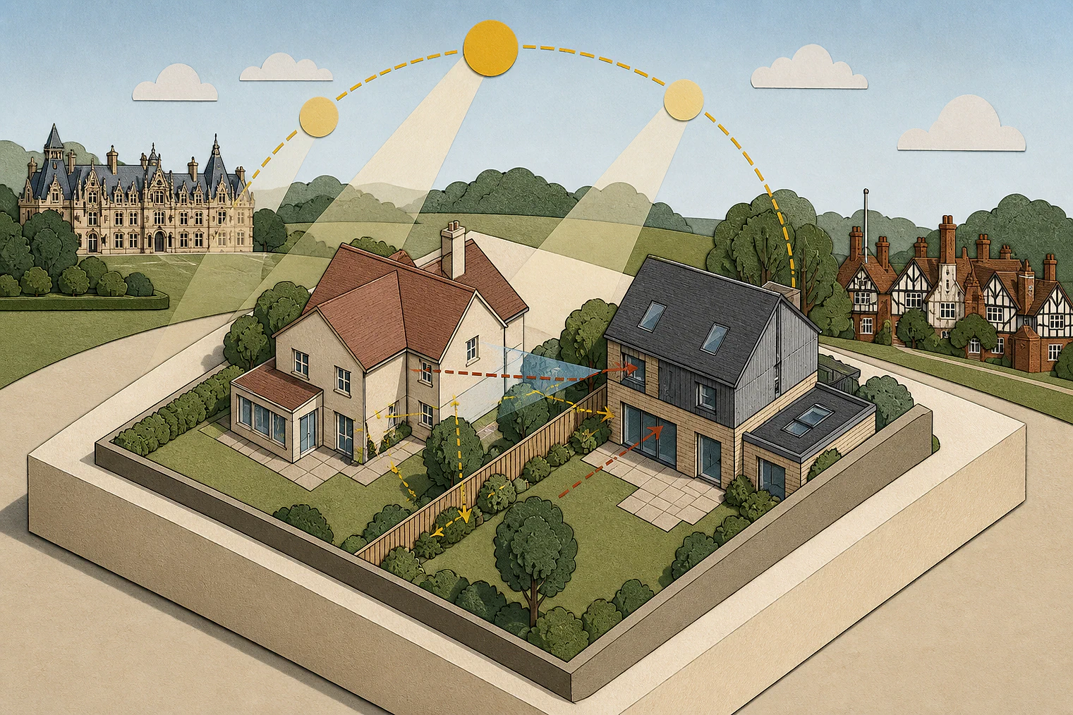 Cut-paper illustration of an imaginary privacy, daylight and neighbour living conditions planning issue in Buckinghamshire, with simplified local landmarks.