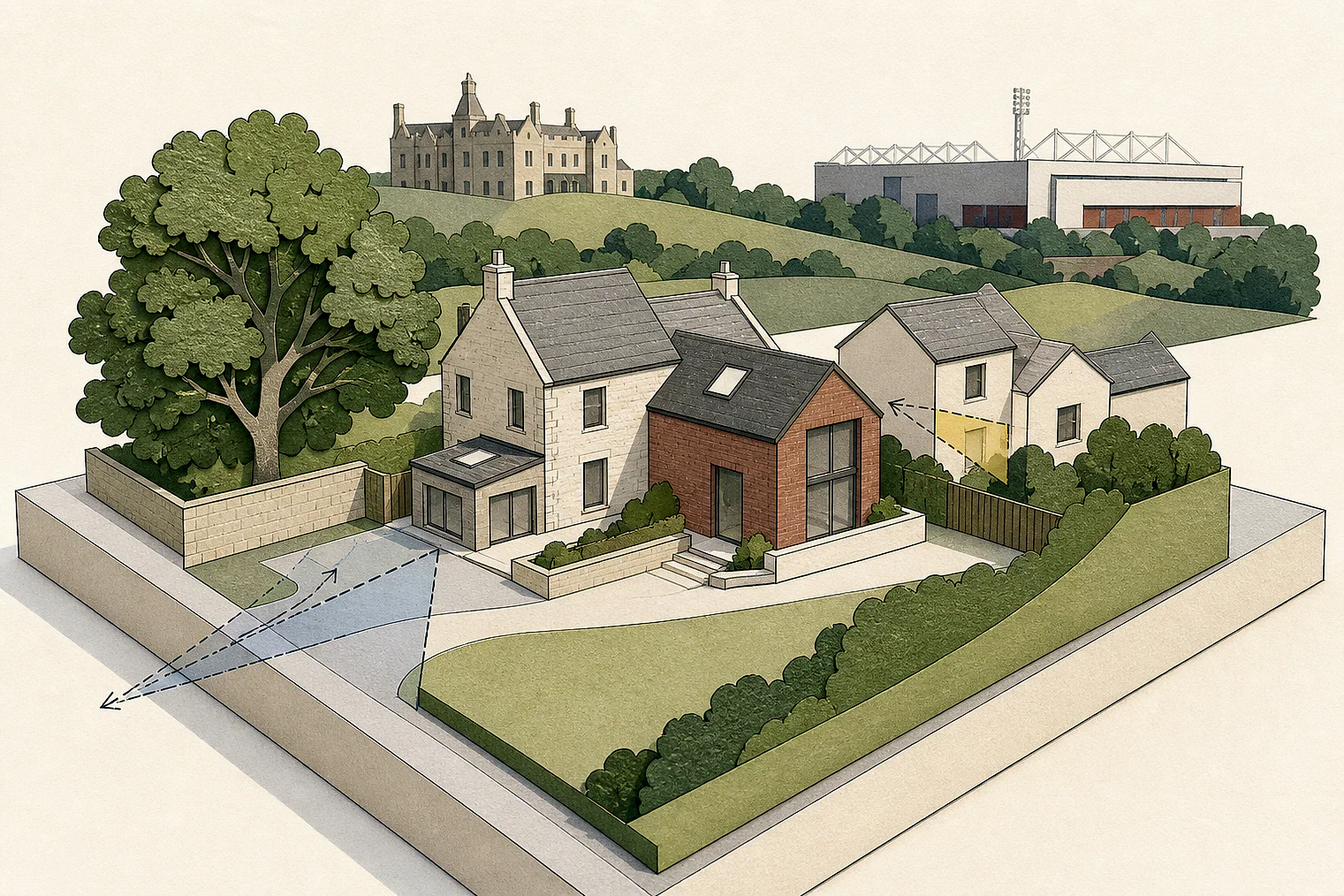 Cut-paper planning illustration for Burnley, showing extensions, neighbours, access and open land near simplified local landmarks.