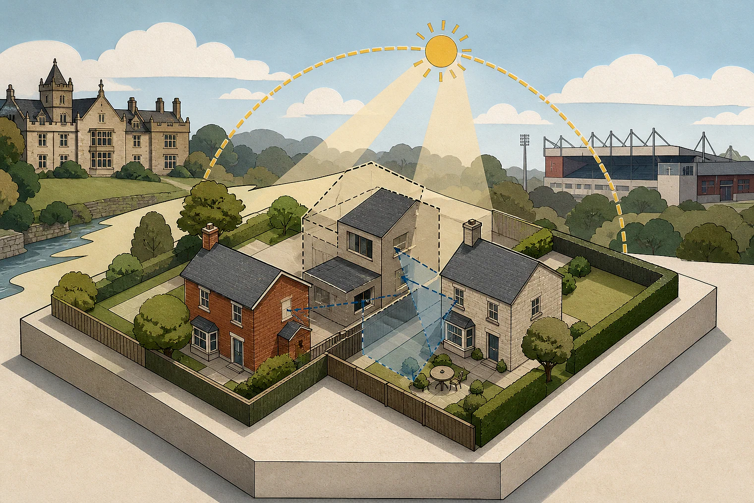 Cut-paper illustration of an imaginary privacy, daylight and neighbour living conditions planning issue in Burnley, with simplified local landmarks.