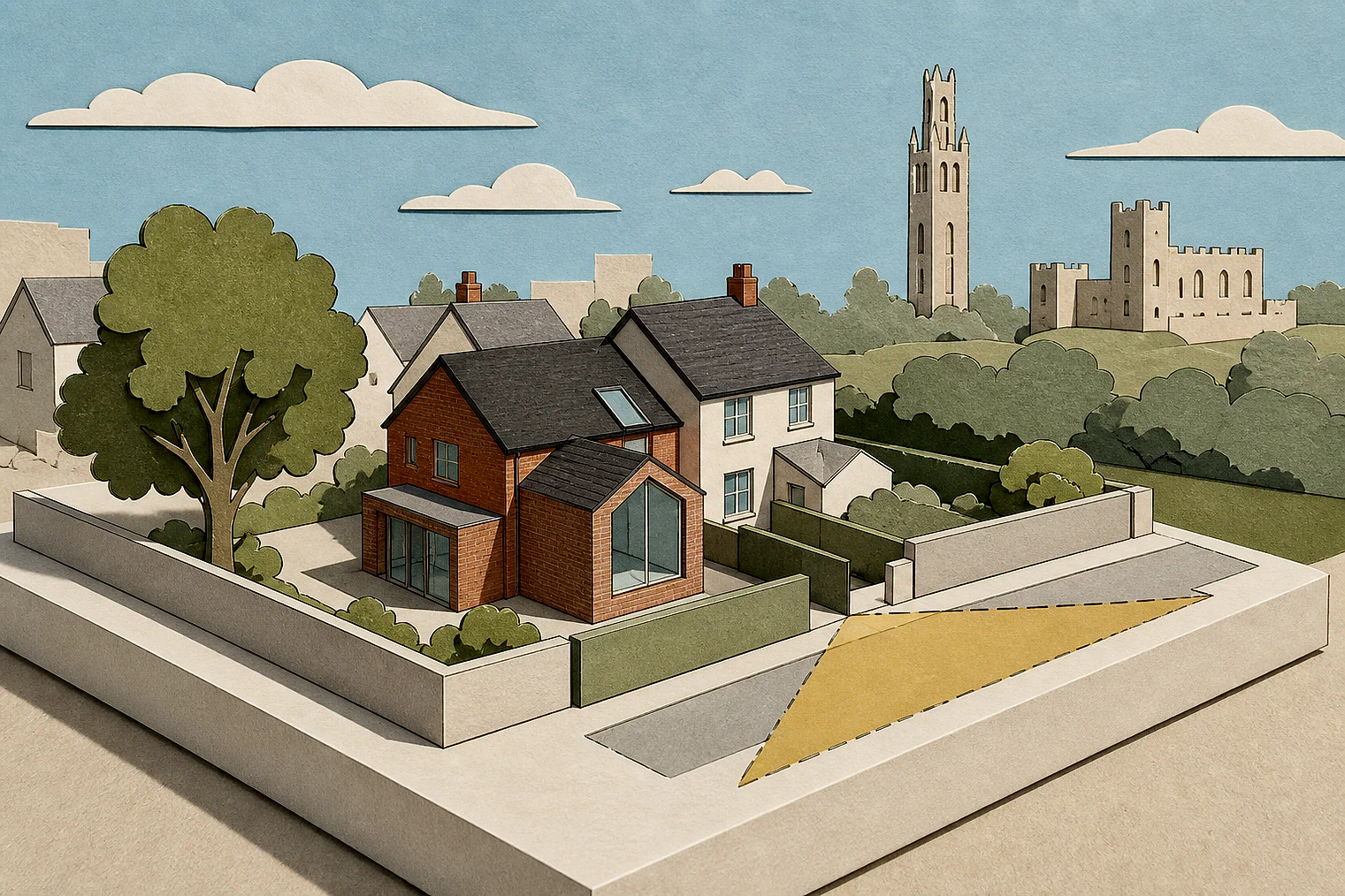 Cut-paper planning illustration for Bury Metropolitan, showing extensions, neighbours, access and open land near simplified local landmarks.