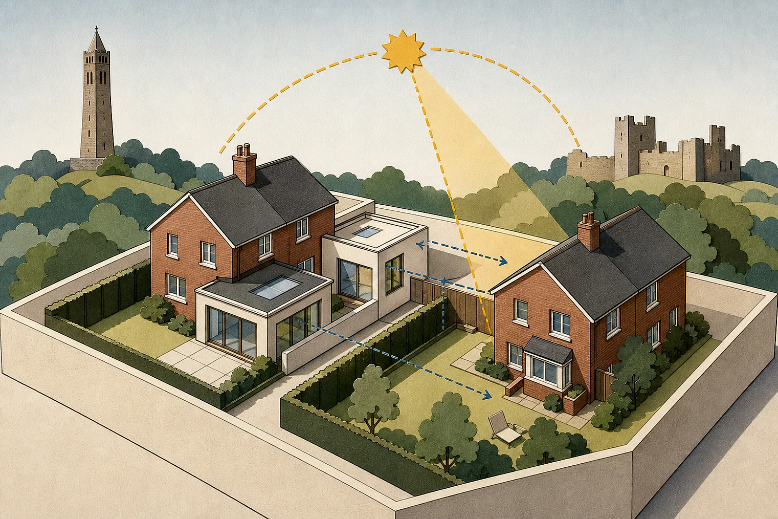 Cut-paper illustration of an imaginary privacy, daylight and neighbour living conditions planning issue in Bury Metropolitan, with simplified local landmarks.