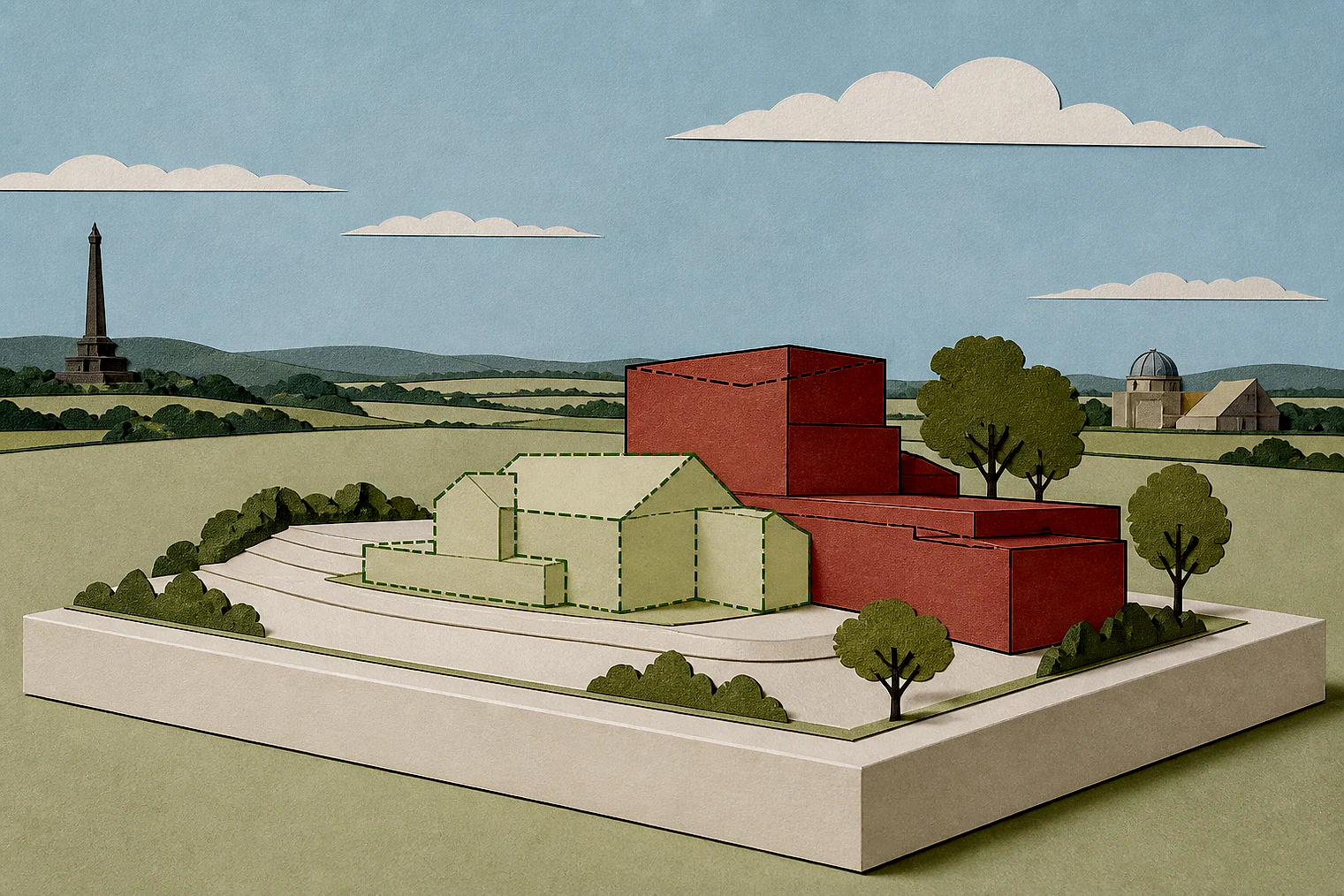 Cut-paper illustration of an imaginary building scale and Green Belt openness planning issue in Calderdale Metropolitan, with simplified local landmarks.