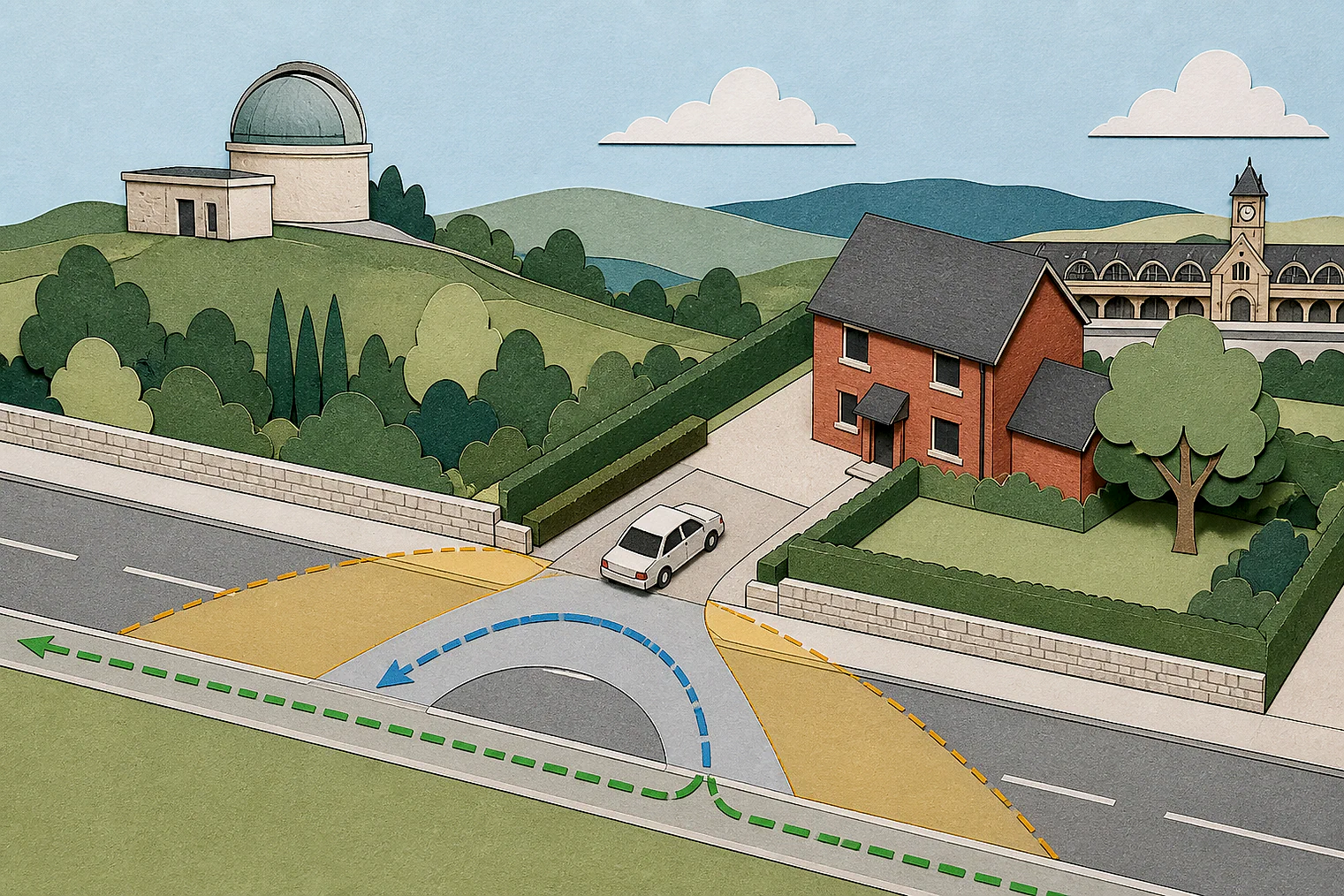 Cut-paper illustration of an imaginary access, visibility and highway safety planning issue in Calderdale Metropolitan, with simplified local landmarks.