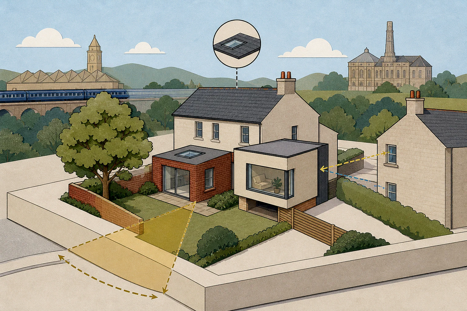 Cut-paper planning illustration for Calderdale Metropolitan, showing extensions, neighbours, access and open land near simplified local landmarks.